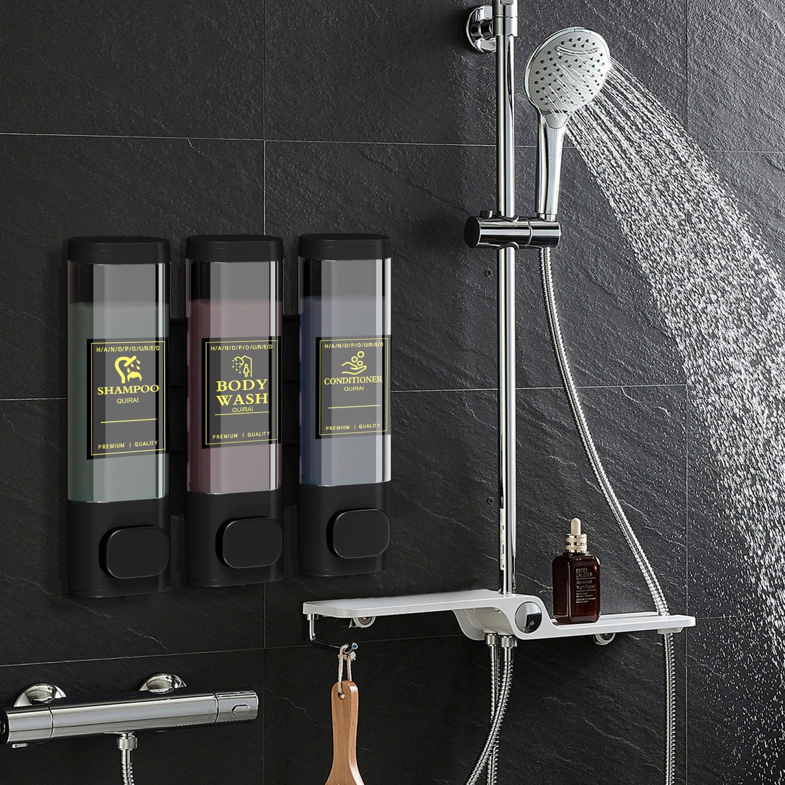 3-Chamber No-Drill Shower Dispenser for Shampoo, Conditioner & Soap - Wall Mounted Bathroom Organizer with Large Capacity - Perfect for Home, Hotel & Kitchen Use
