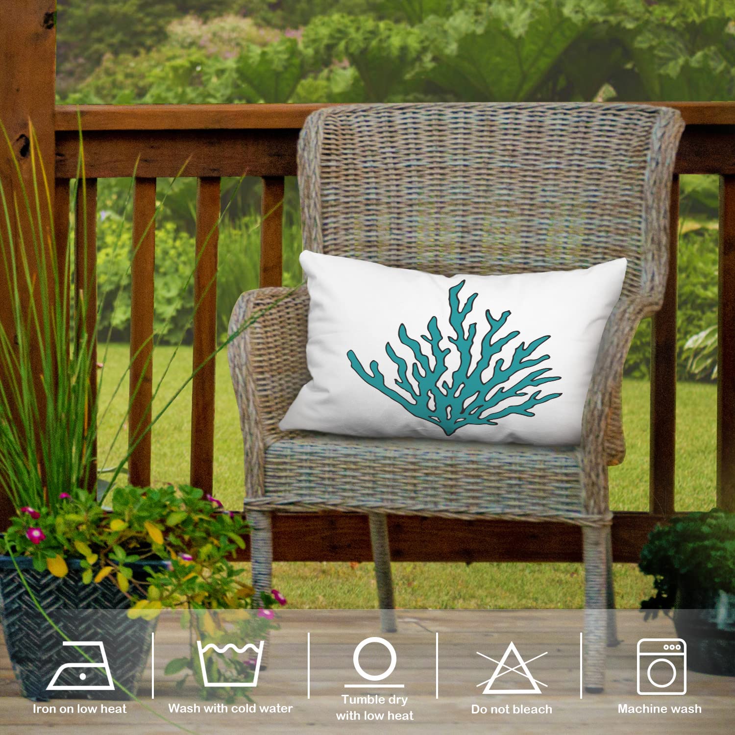 Nautical Decorative Pillow Covers 12x20 Inch - Blue Coral & Seaweed Cartoon Design Cotton Lumbar Cushion Cases for Sofa, Bed, Boat & Beach House Decor