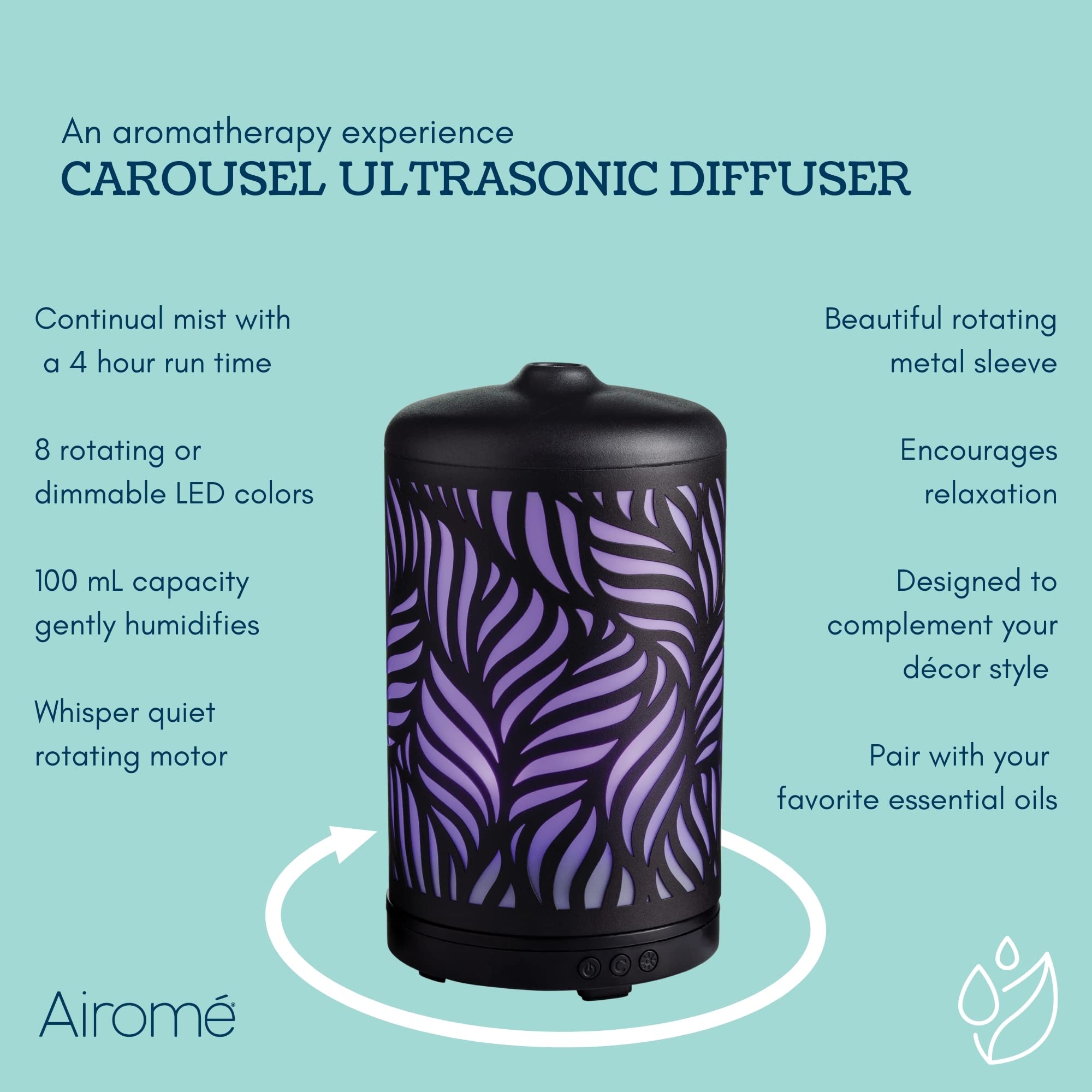 Airome Rotating 100mL Ultrasonic Essential Oil Diffuser with LED Light - 360° Carousel Rotation, Black Metal Wild Palm Design | Aromatherapy for Home, Office, Yoga & Spa Relaxation