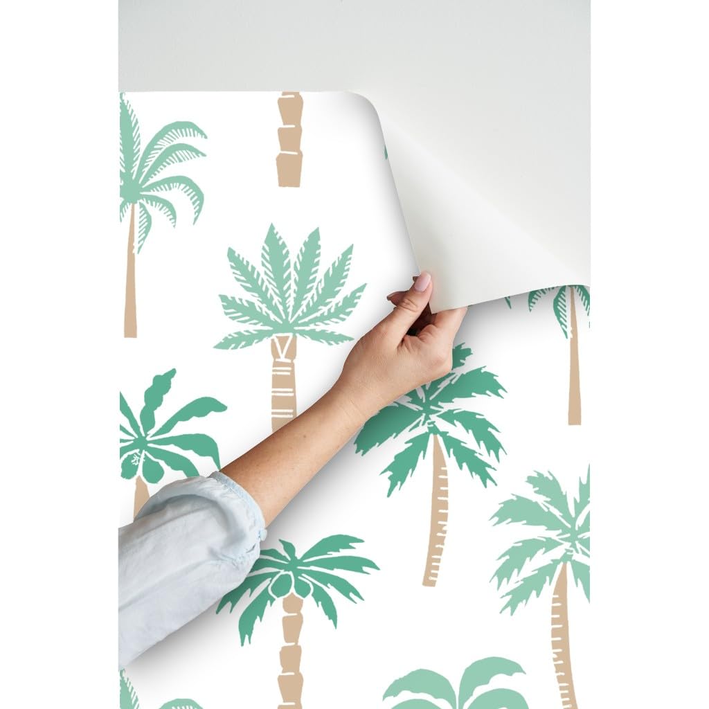 Peel & Stick Wallpaper Swatch - Tropical Aqua Palm Tree Design, Summer Beach Ocean Island Jungle Theme, Custom Removable Wallpaper by Spoonflower | Perfect for Nursery, Bathroom, and Home Decor