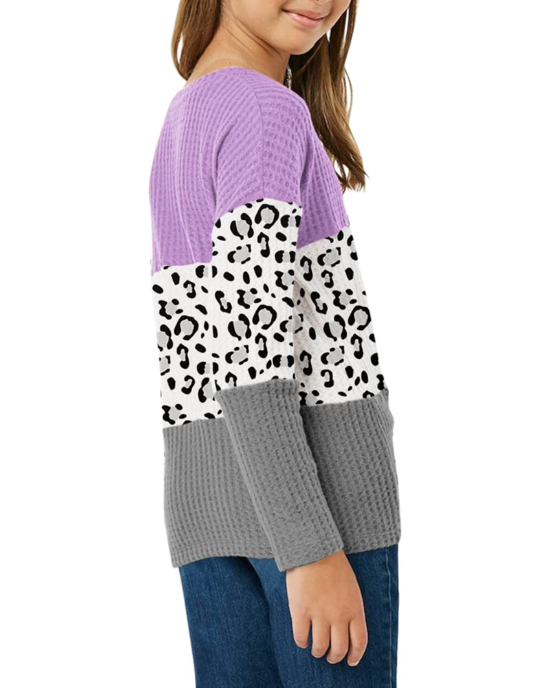 Girls Waffle Knit Colorblock Tie Front Long Sleeve Tunic Top - Casual Loose Fit T-Shirt for School, Playdates & Everyday Wear
