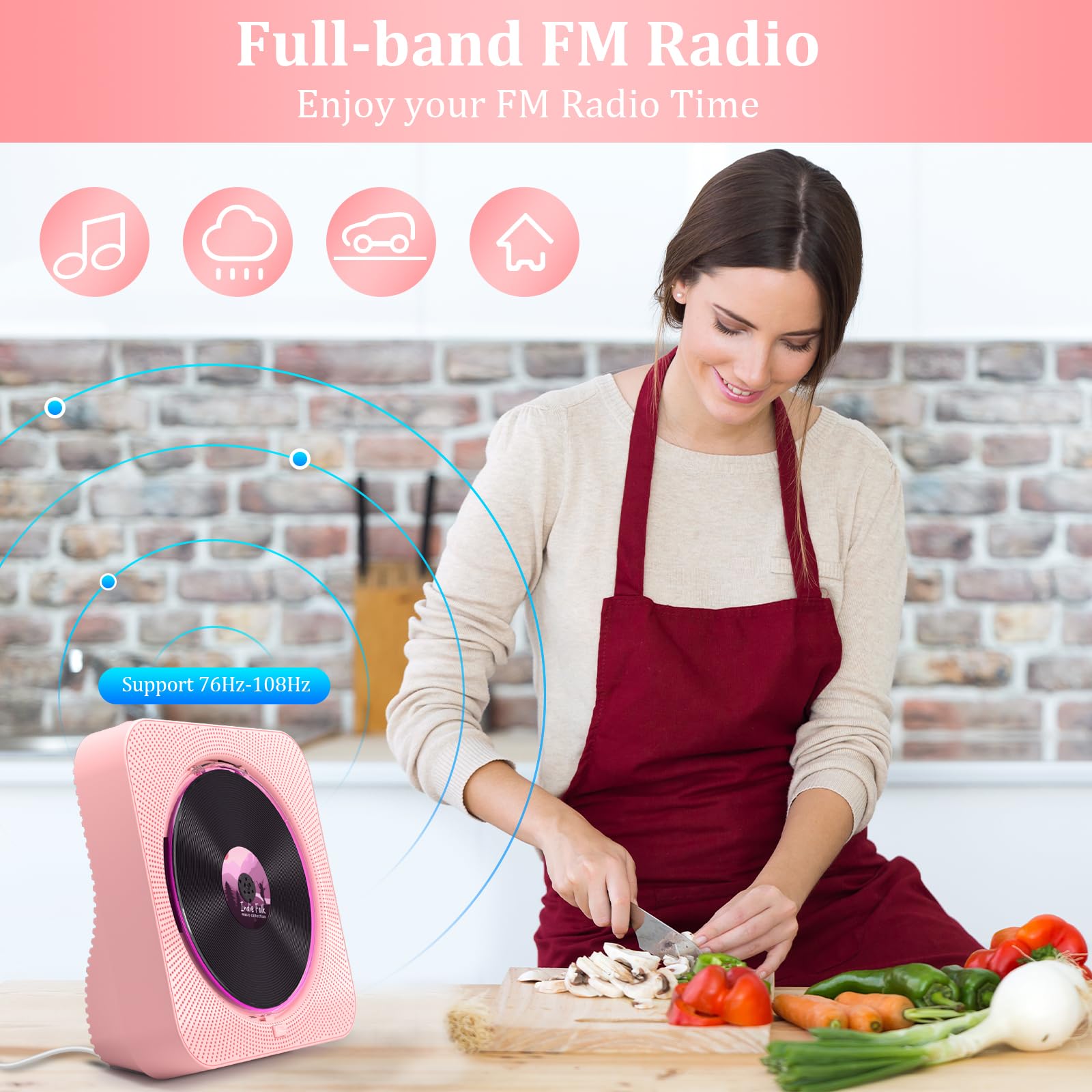 KOVCDVI Bluetooth 5.1 Desktop CD Player with 5W Dual Built-in Speakers, Remote Control, FM Radio, USB/SD/AUX Play - Pink | Perfect for Home Office, Bedroom & Living Room Entertainment
