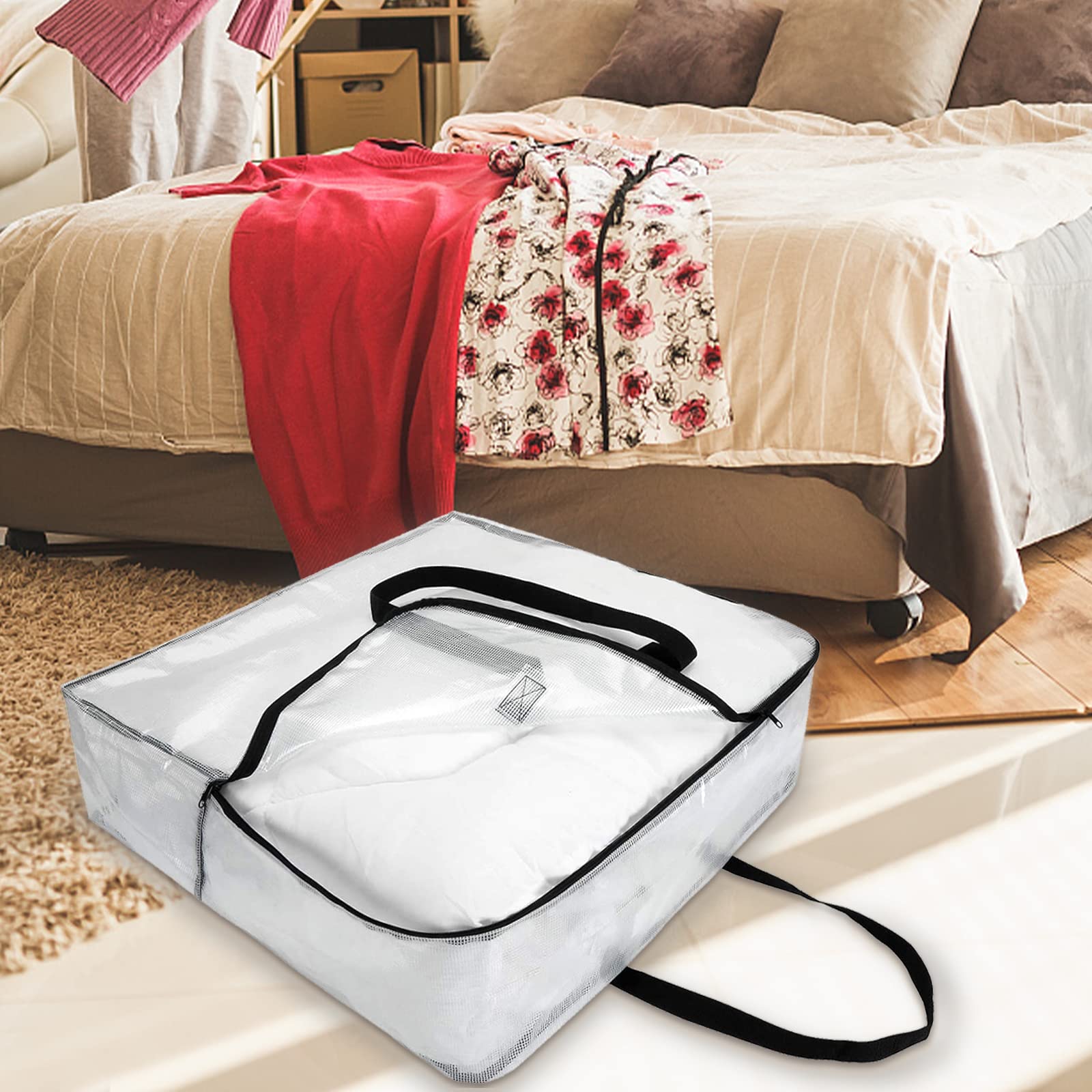 Fasmov 4-Pack Extra Large Clear Storage Bags with Handles & Zippers - Vinyl Organizer for Comforters, Blankets, Bedding, Duvets - Transparent Moving Totes for Under Bed Storage, Garage Organization & Closet Decluttering