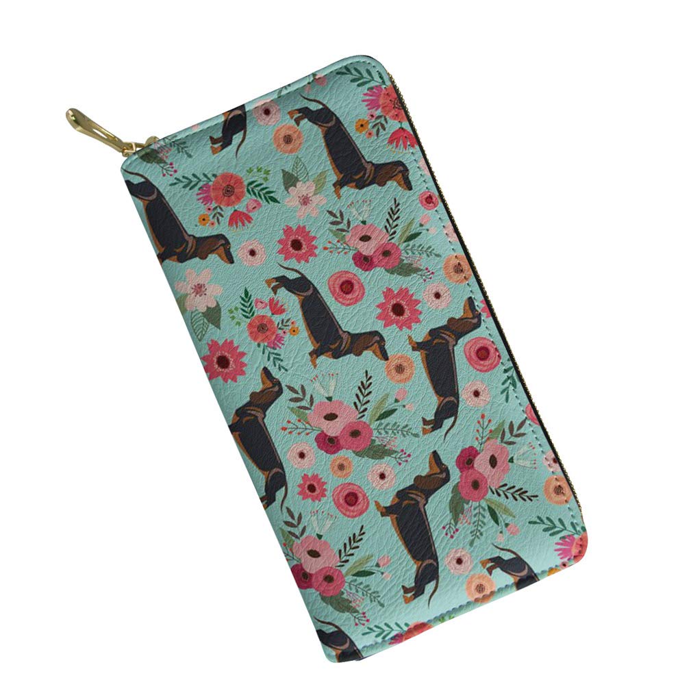 UFDIS Dachshund Dog Floral Print Women's RFID Leather Wallet - Zipper Clutch Purse with Card Slots & Phone Holder for Everyday Use, Travel and Shopping