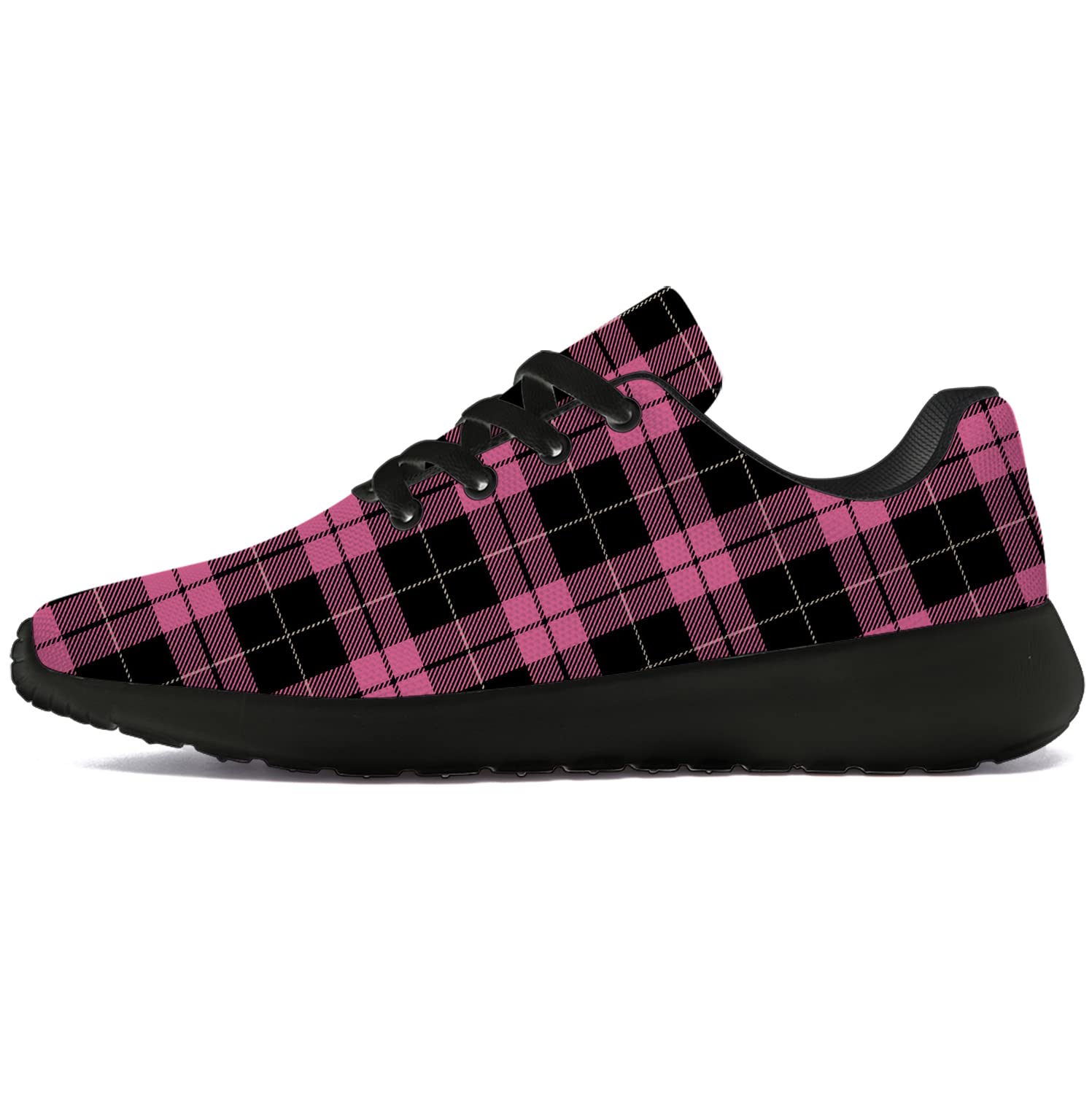 Men's & Women's Plaid Running Shoes - Buffalo Black Pink Tartan Check Sneakers for Walking, Tennis & Casual Wear - Size 10.5 Men/12 Women (Black & Pink) - Perfect Gifts for Boys & Girls - Ideal for Jogging, Gym Workouts & Everyday Fashion