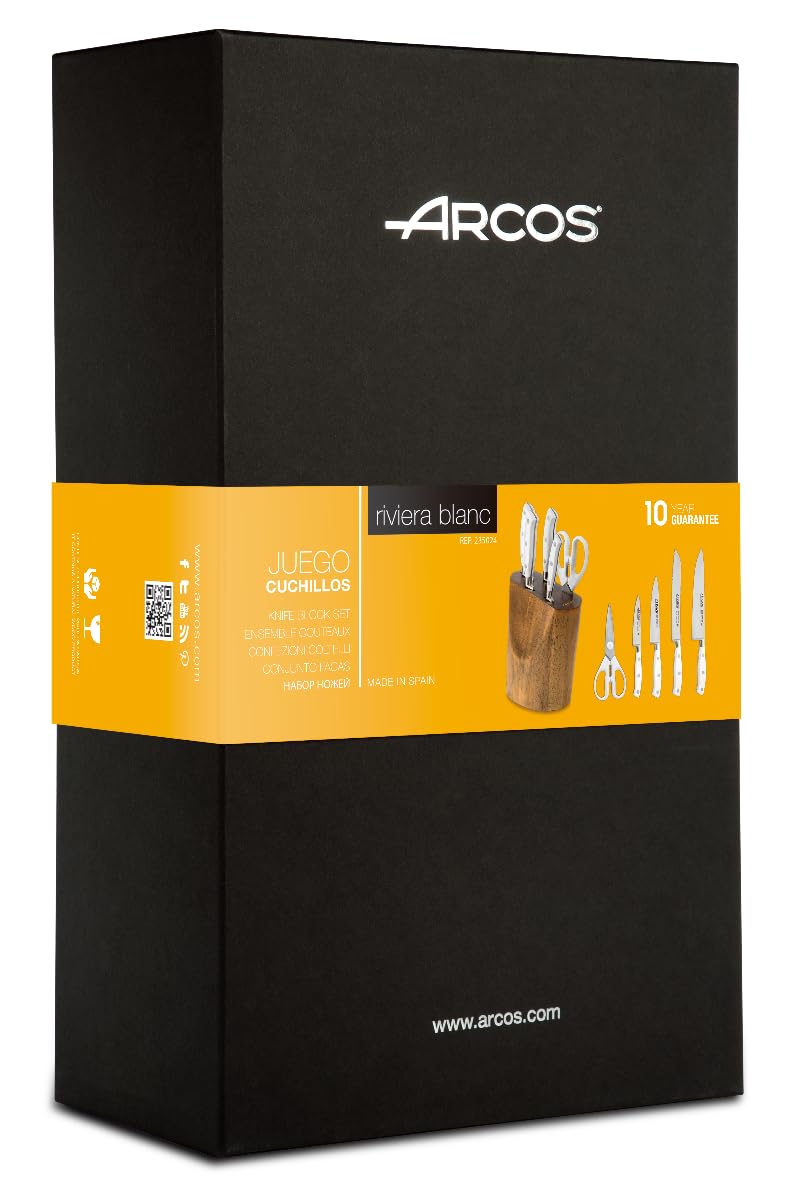 Arcos Forged Knife Block Set - 5-Piece Nitrum Stainless Steel Kitchen Knives with Ergonomic POM Handle | Professional Chef Knives for Slicing, Dicing & Chopping | Riviera Blanc Series in White | Perfect for Home Cooks & Professional Kitchens