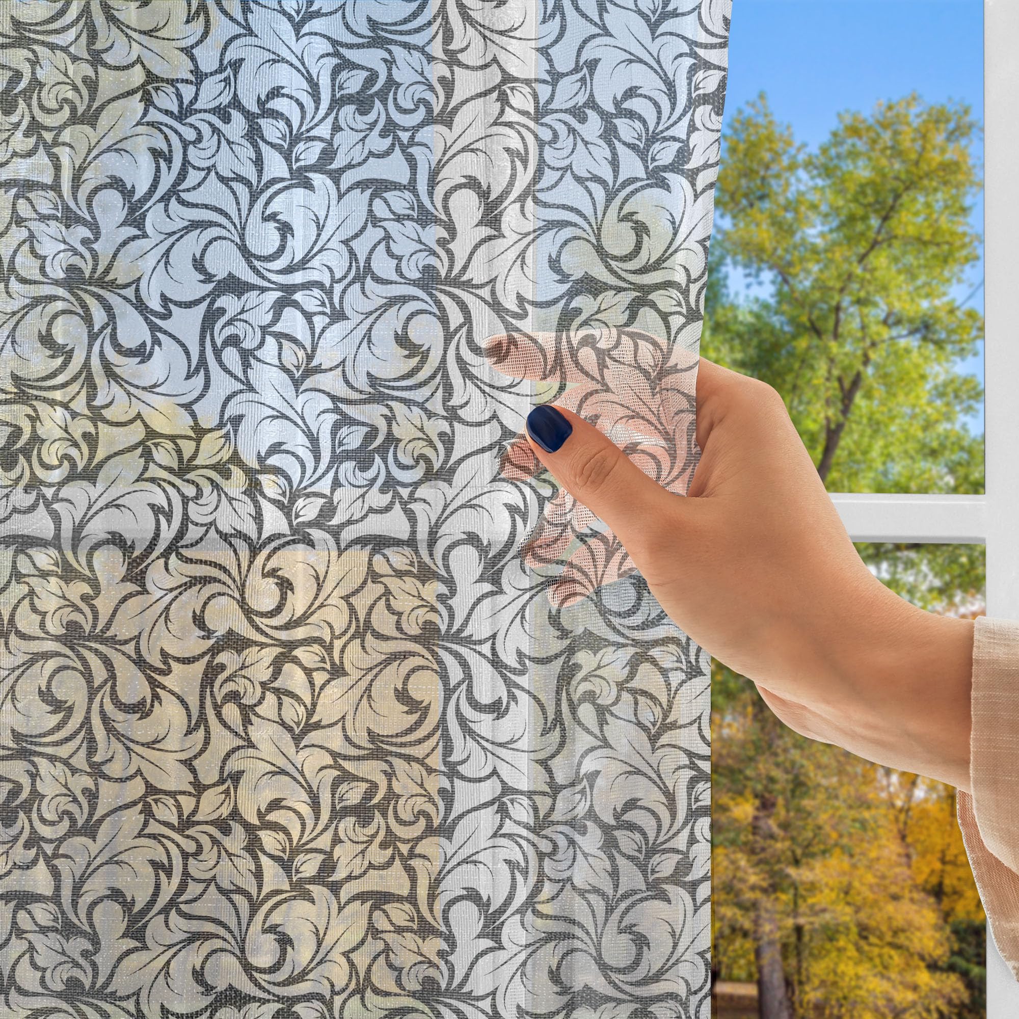Ambesonne Floral Tulle Curtains with Rod Pocket - Monochrome Leaves Abstract Design, Sheer Drapes for Living Room & Bedroom, 108