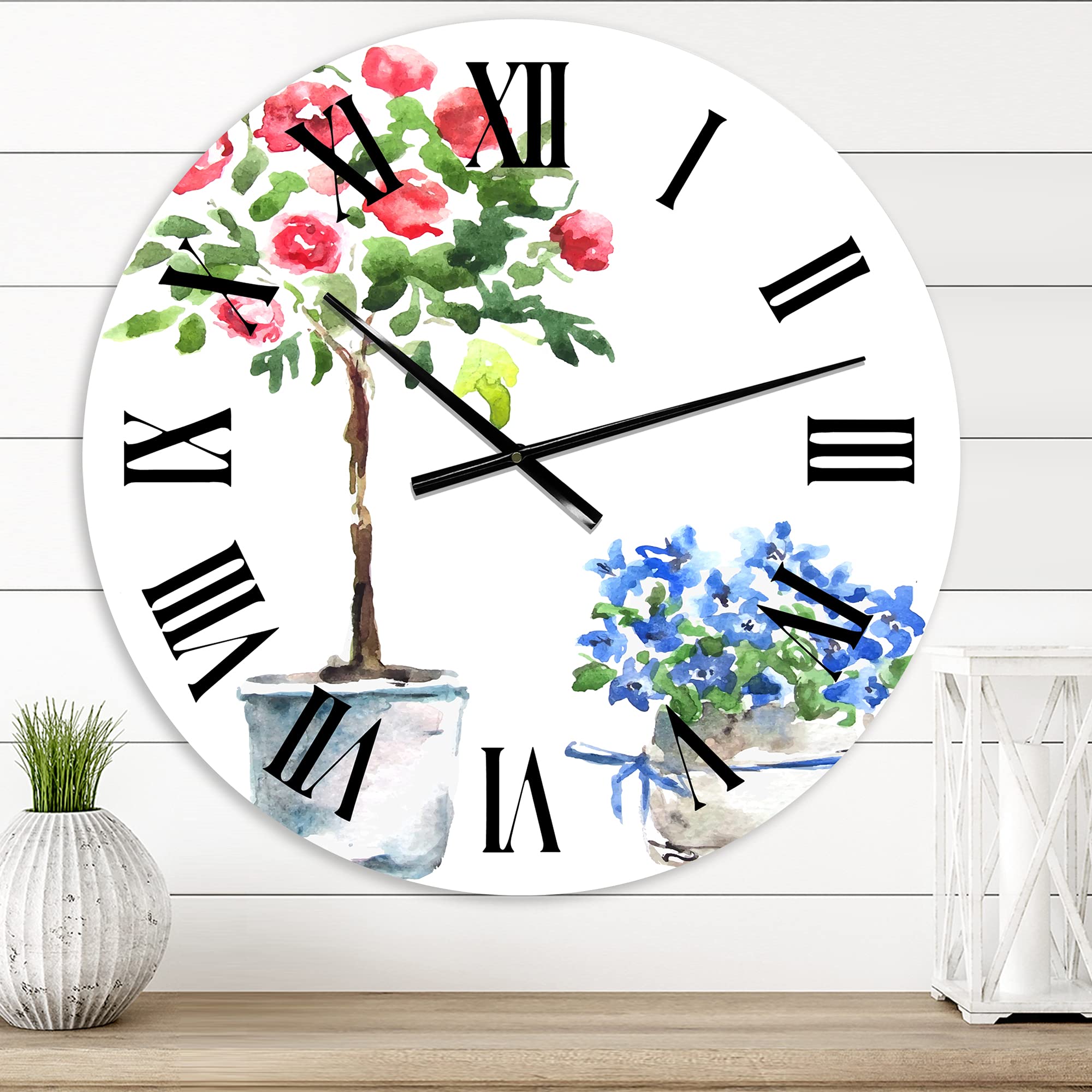 DesignQ Traditional Wall Clock - Blue and Red Houseplants Floral & Botanical Large Wall Clock for Living Room, Bedroom & Office Decor | Perfect for Home, Farmhouse & Vintage Style Interior Design