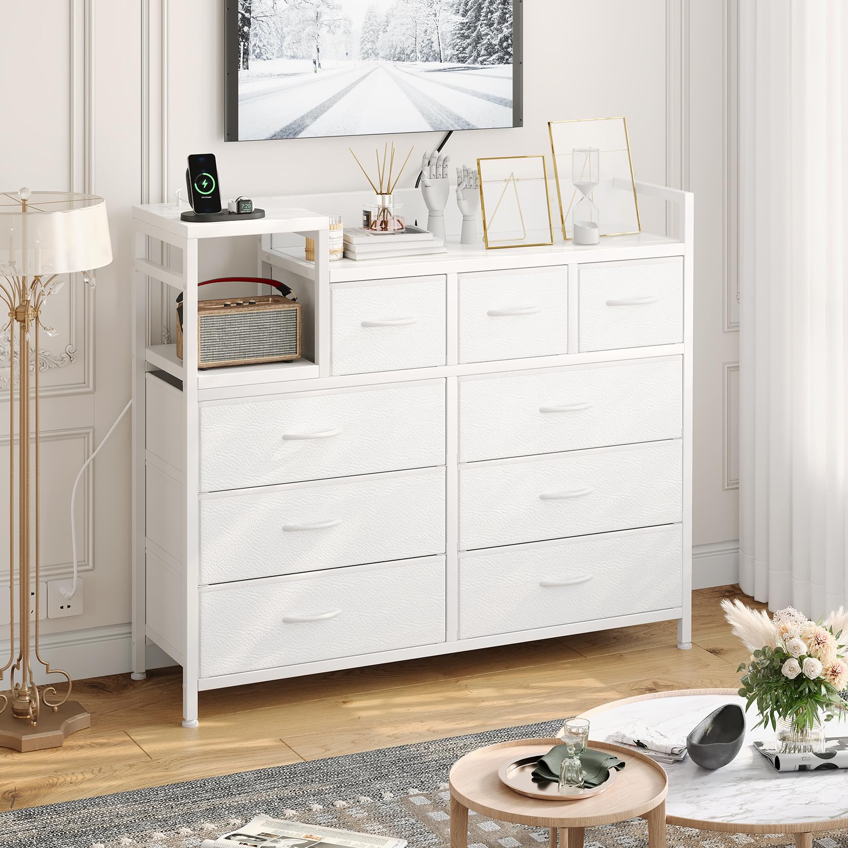 Jojoka White TV Stand with 9 Drawers & Built-in Charging Station - Modern Entertainment Center for Living Room, Bedroom & Home Office - Perfect for Organizing Electronics, Media & Storage Needs