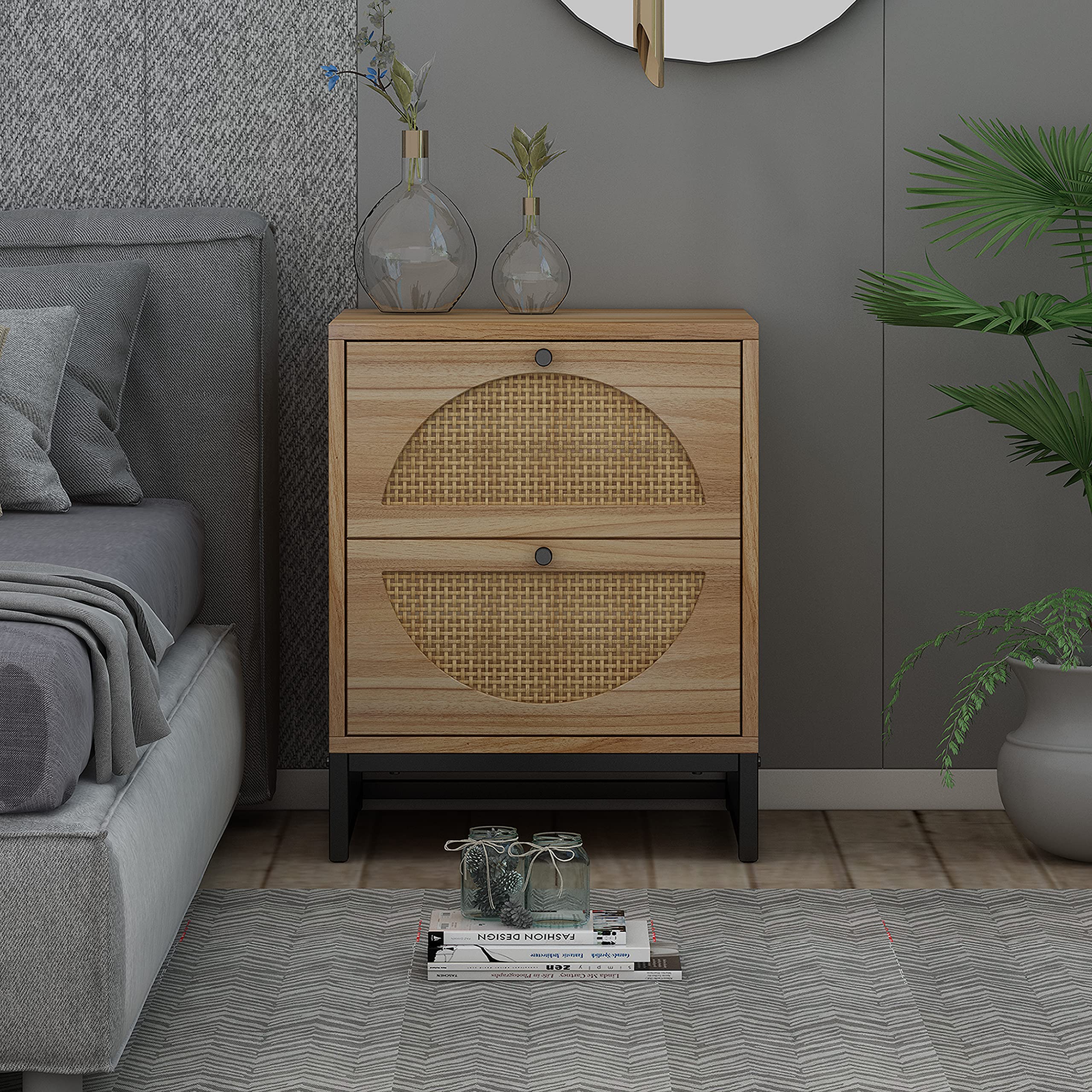 Rophefx Nightstand with 2 Rattan Storage Drawers - Wooden Bedside Table with Metal Base & Round Handle - Modern End Table for Living Room, Bedroom, Office - Beige Home Decor for Small Spaces