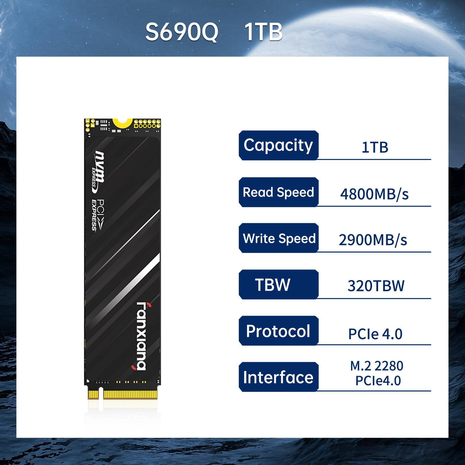 1TB NVMe SSD PCIe Gen4 M.2 Internal Solid State Drive - Up to 4800MB/s Read Speed, 3D NAND SLC Cache - Compatible with PS5, PC & Laptops (Model S690Q) - Perfect for Gaming, Video Editing & Fast Boot Times