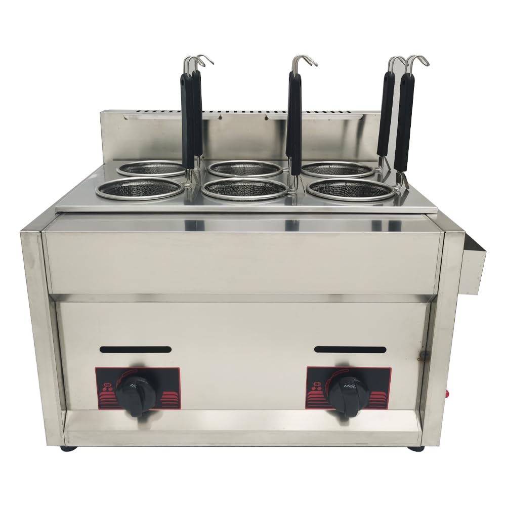 Commercial 6-Hole Stainless Steel Pasta Cooker Machine - LP Gas Noodle Boiler with Baskets & Filter - Perfect for Restaurants, Catering & Food Trucks - Dumpling & Noodle Making Equipment