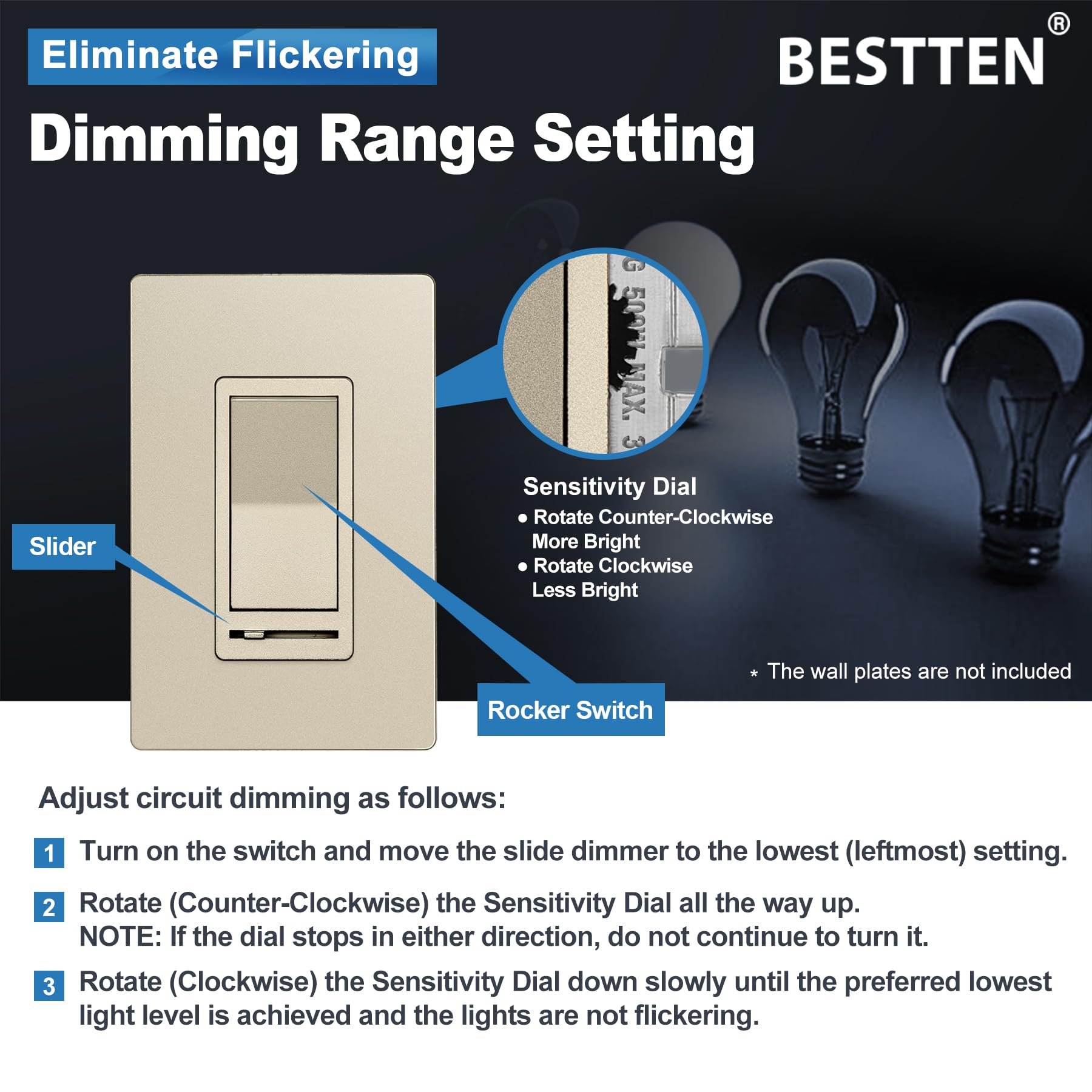 BESTTEN 10 Pack Matte Champagne Gold Dimmer Light Switch - Single Pole/3-Way - Works with Dimmable LED, CFL, Incandescent & Halogen Bulbs - 120VAC - UL Listed - Perfect for Living Room, Bedroom & Dining Room Lighting Control