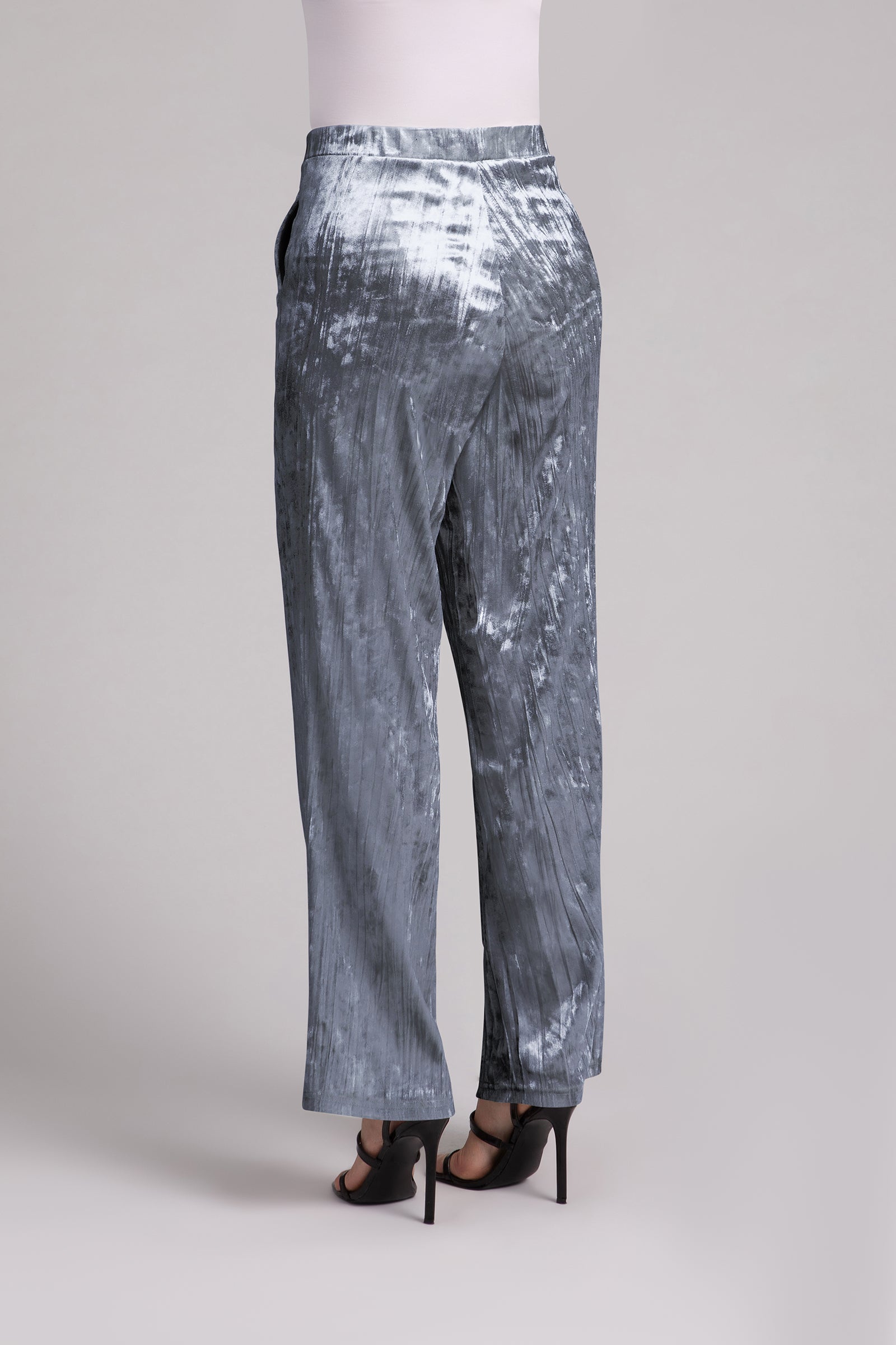 Crinkle Velvet Straight Leg Pants for Women - Gunmetal Gray High Waist Trousers | Comfortable Stretch Fabric for Office, Party & Casual Wear