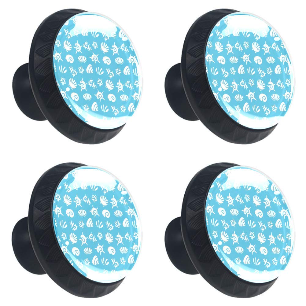 Colorful Crystal Glass Cabinet Knobs - Blue Seashell Pattern (4-Pack) for Wardrobe & Kitchen Drawers
