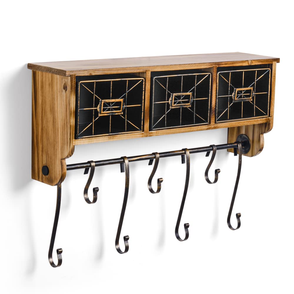 Rustic Wood Wall Mounted Shelf with Hooks & Baskets - Entryway Coat Rack, Coffee Bar Organizer for Hats, Mugs & Home Decor - Perfect for Hallway, Kitchen & Living Room (Brown)
