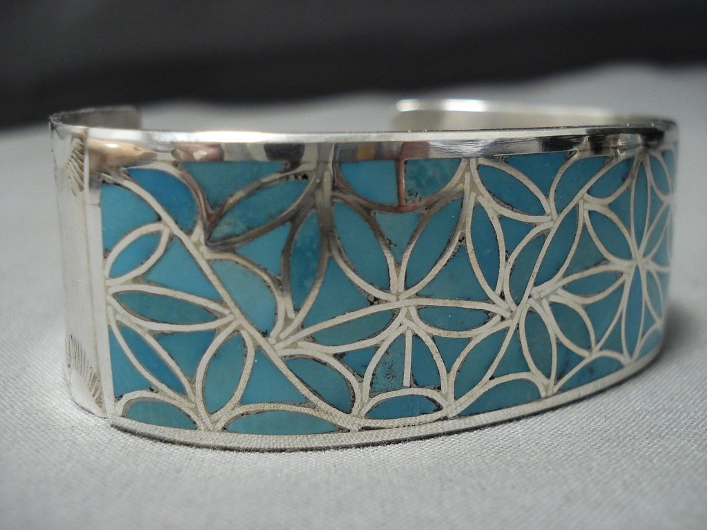 Authentic Zuni Sterling Silver Bracelet with Turquoise Inlay - Handmade Native American Jewelry for Women - Perfect for Boho Fashion, Gift Giving & Special Occasions