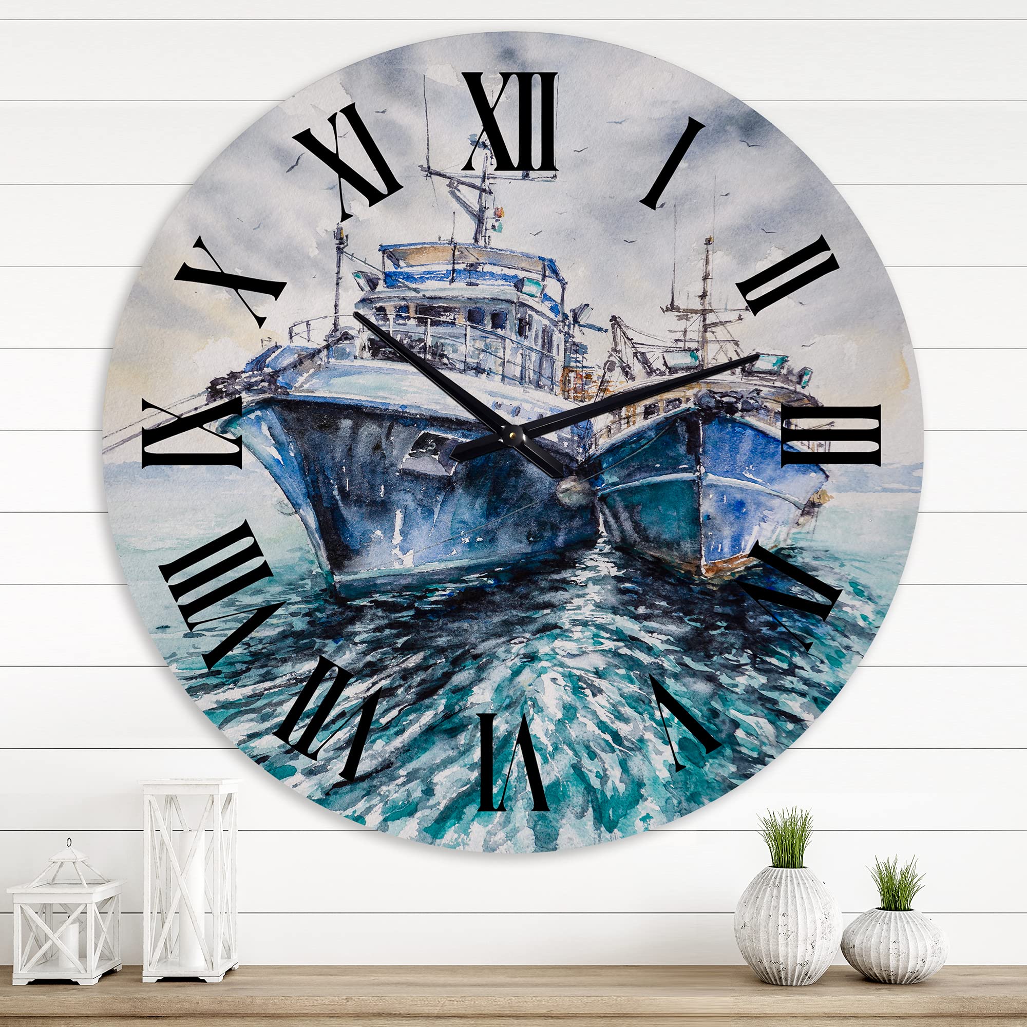 Vintage Nautical Wall Clock - 'Two Fishing Boats Before A Storm' Round Coastal Decor for Living Room, Bedroom & Office - Perfect Beach House & Seaside Home Décor