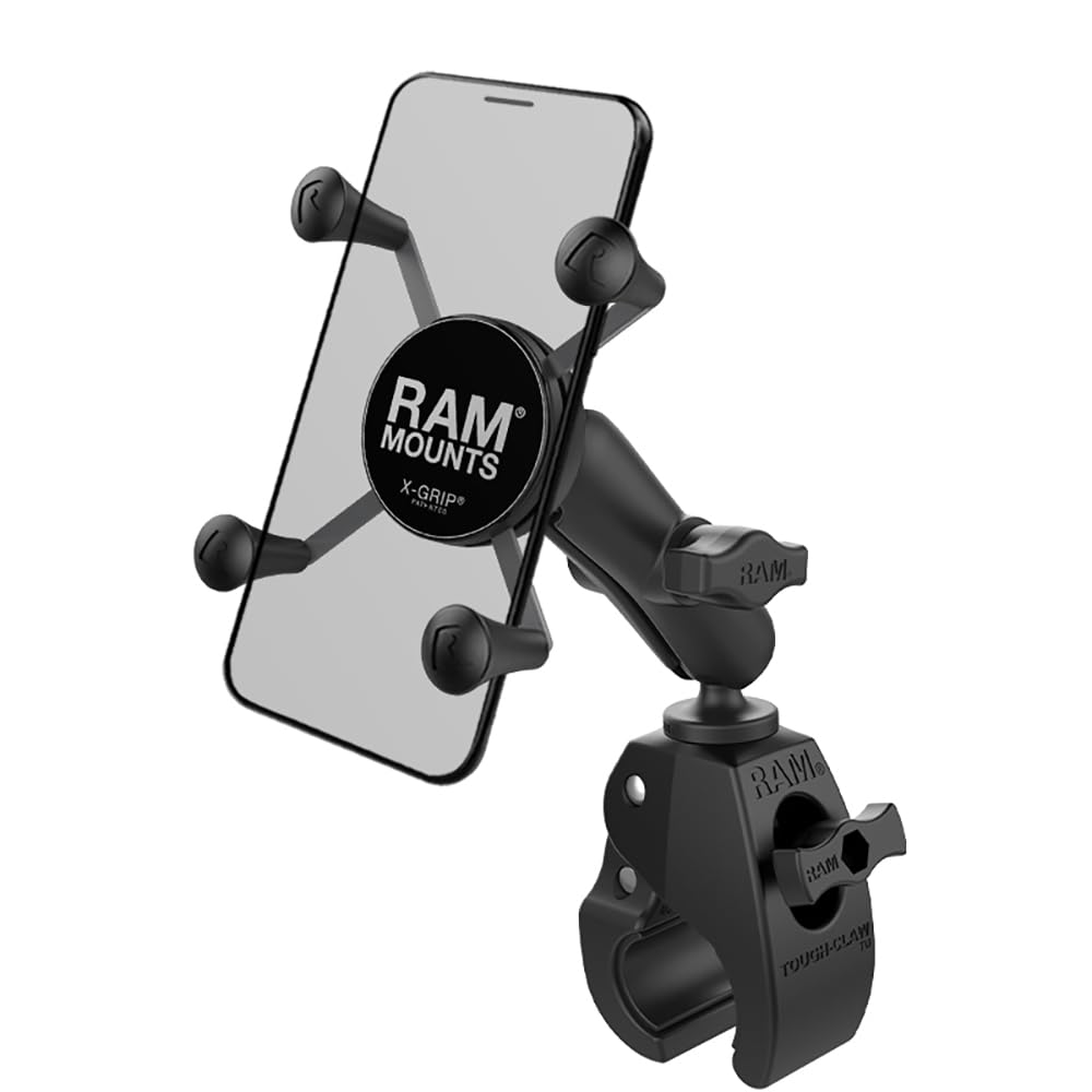RAM MOUNTS X-Grip Small Phone Mount with RAM Tough-Claw Small Clamp Base & Medium Arm - Secure Motorcycle, ATV/UTV, Bike Mount for Navigation & Adventure