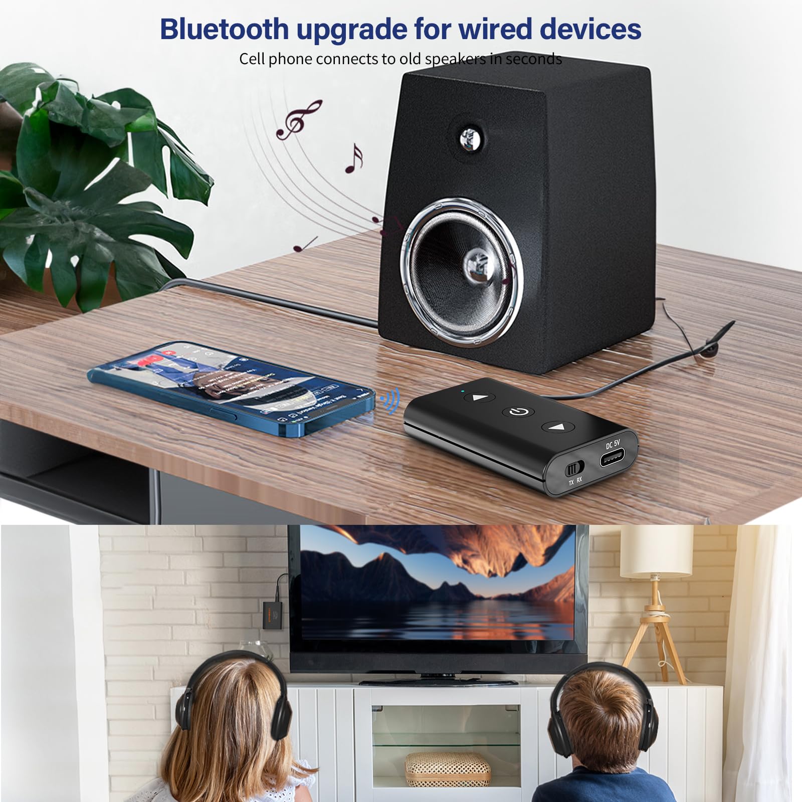 GTMEDIA 2-in-1 Bluetooth 5.0 Transmitter & Receiver - Wireless Audio Adapter with Low Latency for TV, PC, Headphones, Car & Home Stereo | 3.5mm AUX & Optical Input | Perfect for Gaming, Streaming & Hands-Free Calling