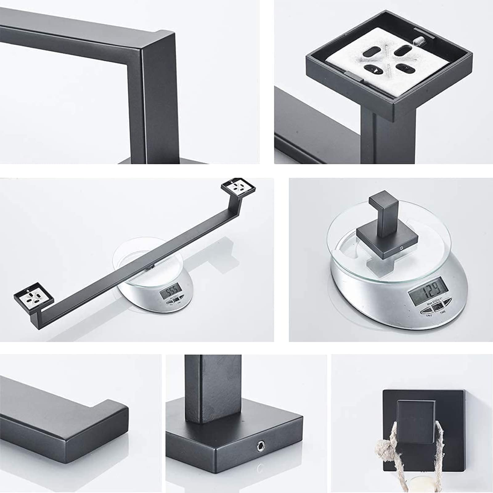 5-Piece Square Bathroom Hardware Set - 60cm Black SUS 304 Stainless Steel Towel Bar, Toilet Paper Holder, Hand Towel Holder & 2 Hooks - Wall Mounted Bathroom Accessories for Modern Home & Hotel Decor