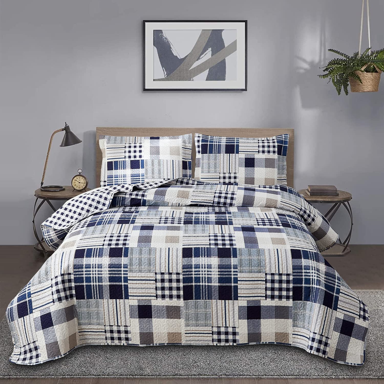 Reversible Navy Blue Buffalo Plaid Patchwork Quilt Set - Queen/Full Size Soft Polyester Bedspread Coverlet with Pillow Shams | Modern Lightweight Bedding for Cozy Home Decor & Guest Room Styling
