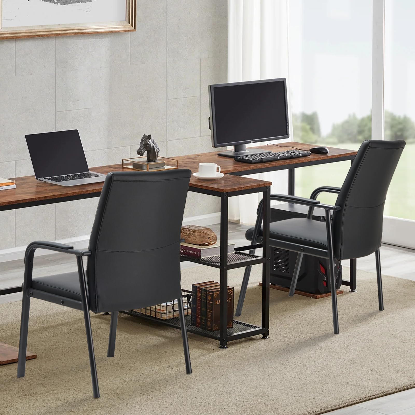 Premium Black Leather Office Guest Reception Chair - 600 lbs Capacity, Padded Armrests, No Wheels - Perfect for Conference Rooms, Waiting Areas & Executive Desks