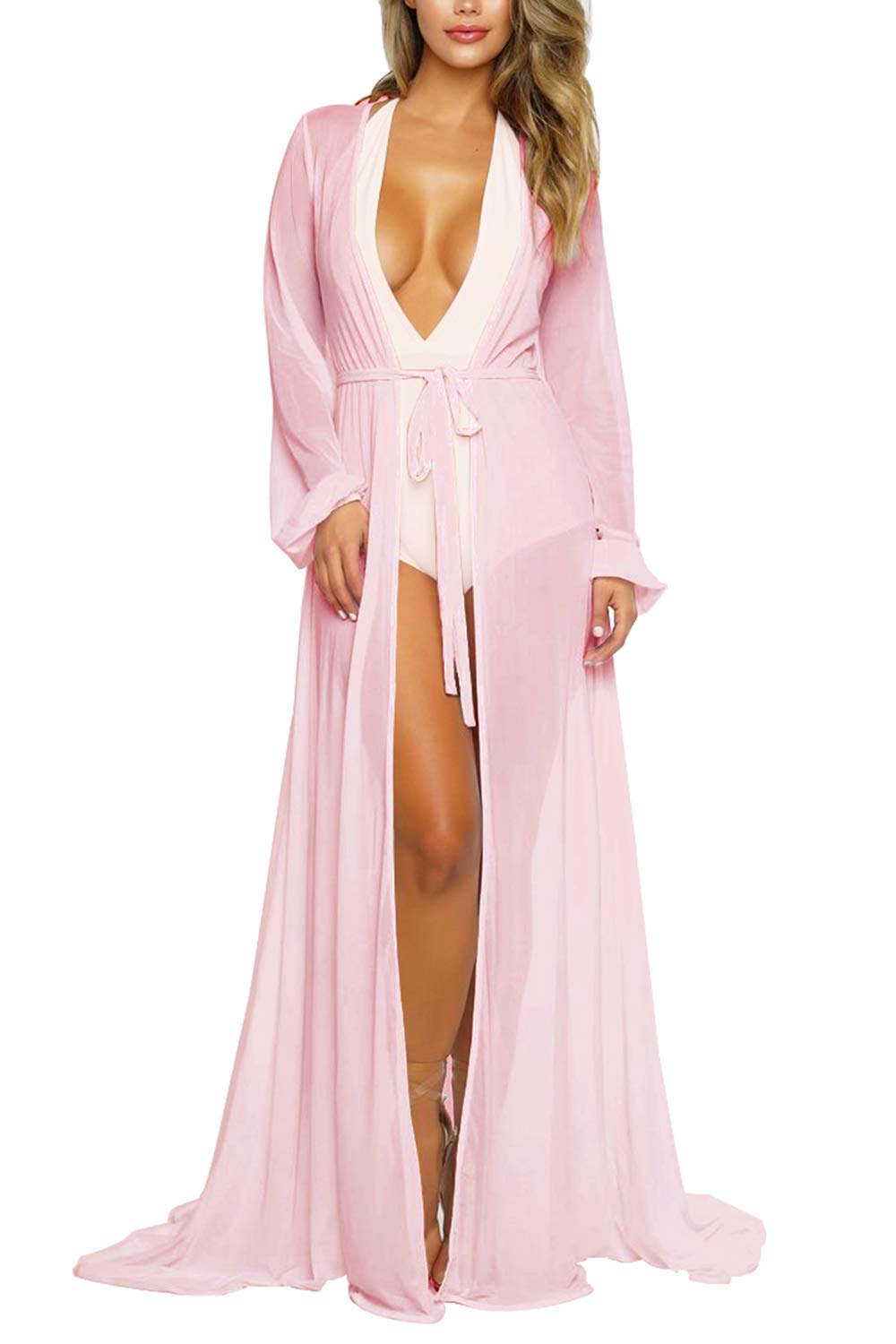 Pink Queen Women's Long Sleeve Flowy Maxi Swimsuit Cover Up Tie Front Beach Robe - Perfect for Poolside, Beach Vacation & Resort Wear