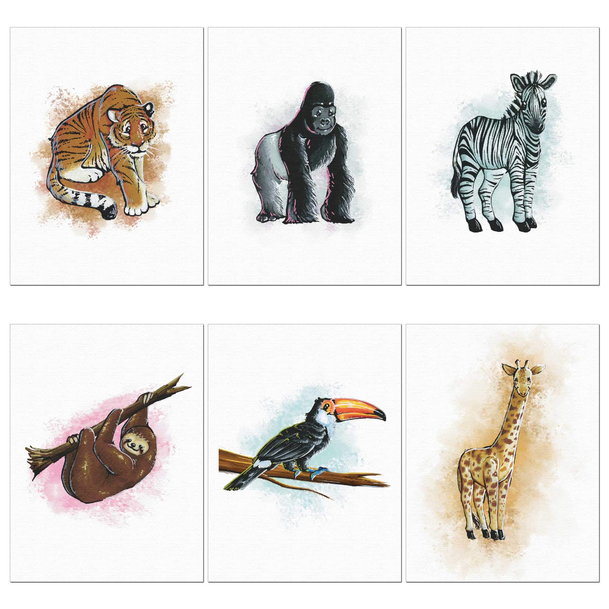 Zoo Animal Wall Art Prints for Nursery Decor - Set of 6 Unframed 9x12 Inch Wildlife Themed Baby Room Decorations | Perfect for Kids' Bedroom, Playroom & Baby Shower Gifts