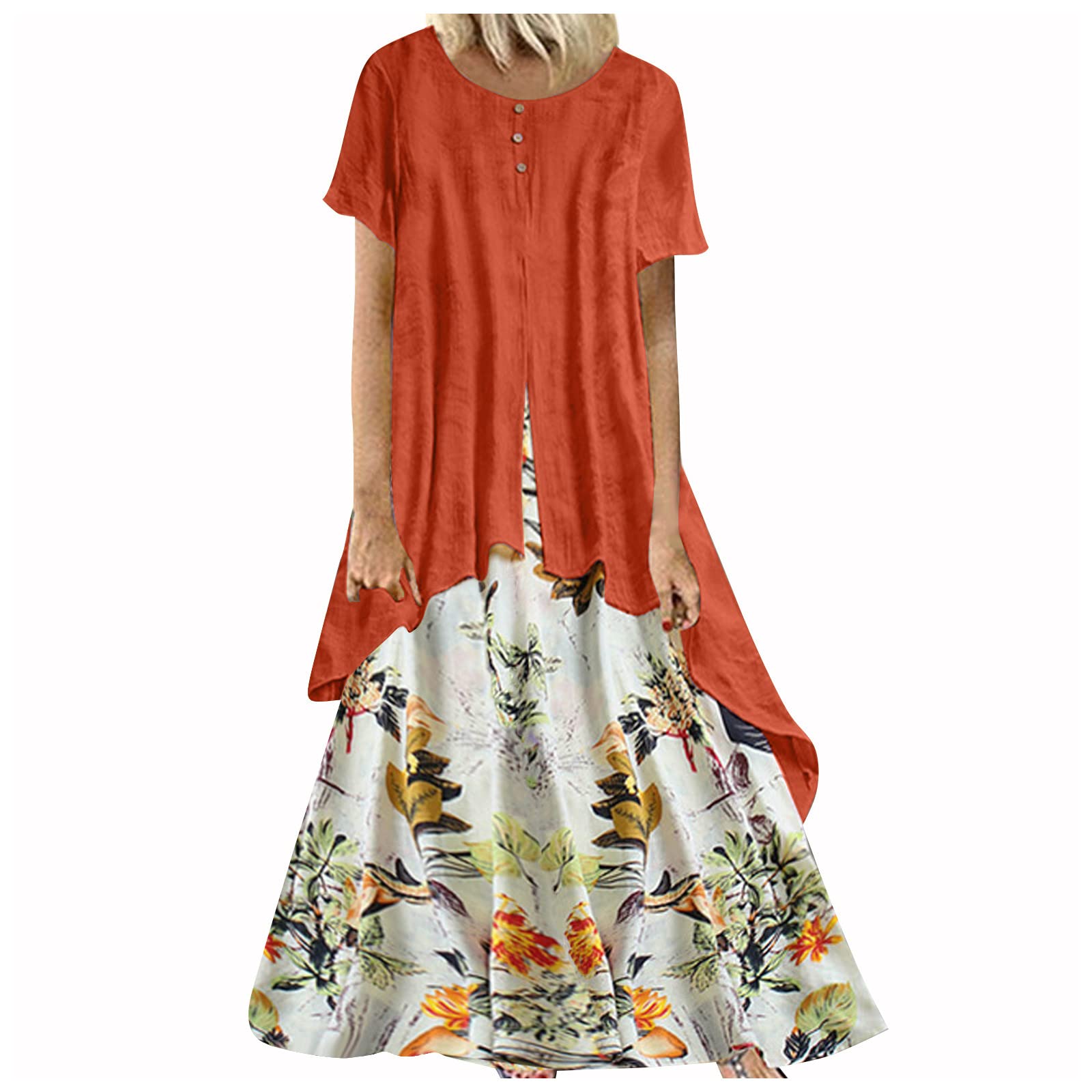 Women's Floral Print Summer Dress - Cotton Linen Blend Short Sleeve Midi Dress with Crewneck & Irregular Hem | Perfect for Beach Vacations, Casual Outings & Summer Parties