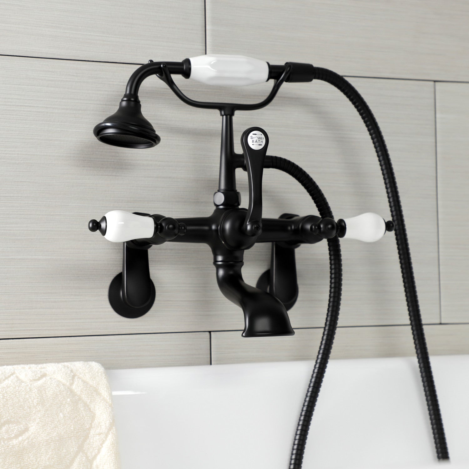 Vintage Matte Black 3-Handle Wall Mount Clawfoot Tub Faucet with Hand Shower - AE55T0 Bathroom Fixture for Classic & Modern Bathrooms