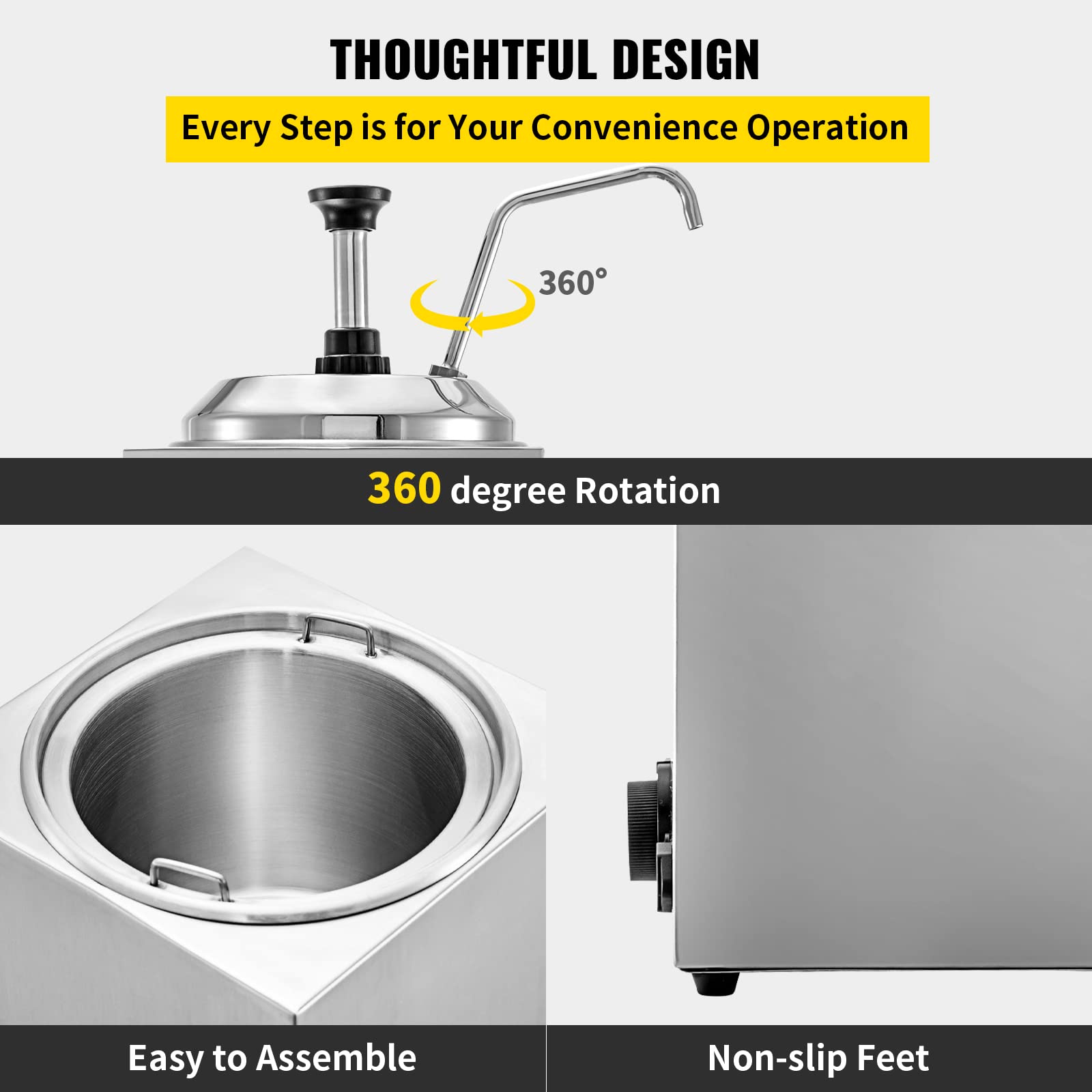 VBENLEM 2.6Qt Commercial Cheese Warmer with Pump - 650W Stainless Steel Nacho Cheese Dispenser for Hot Fudge, Caramel & Chocolate - Perfect for Restaurants, Cinemas & Party Snack Stations
