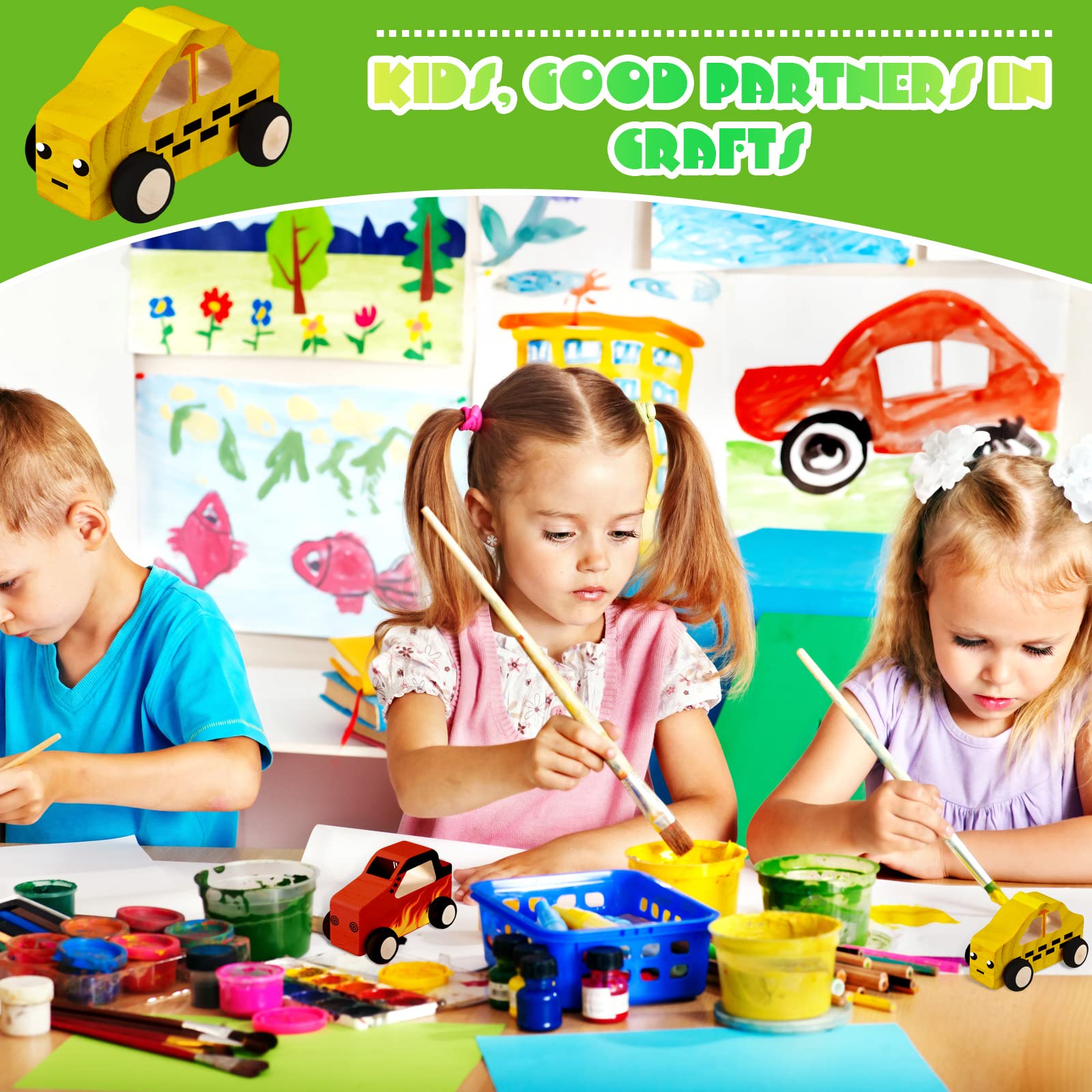 Chivao 12 Pcs Unfinished Wooden Car Toys - DIY Paintable Wood Crafts for Kids, Students & Home Activities | Easy Woodworking Projects for Creative Play & Learning (Vivid Style)