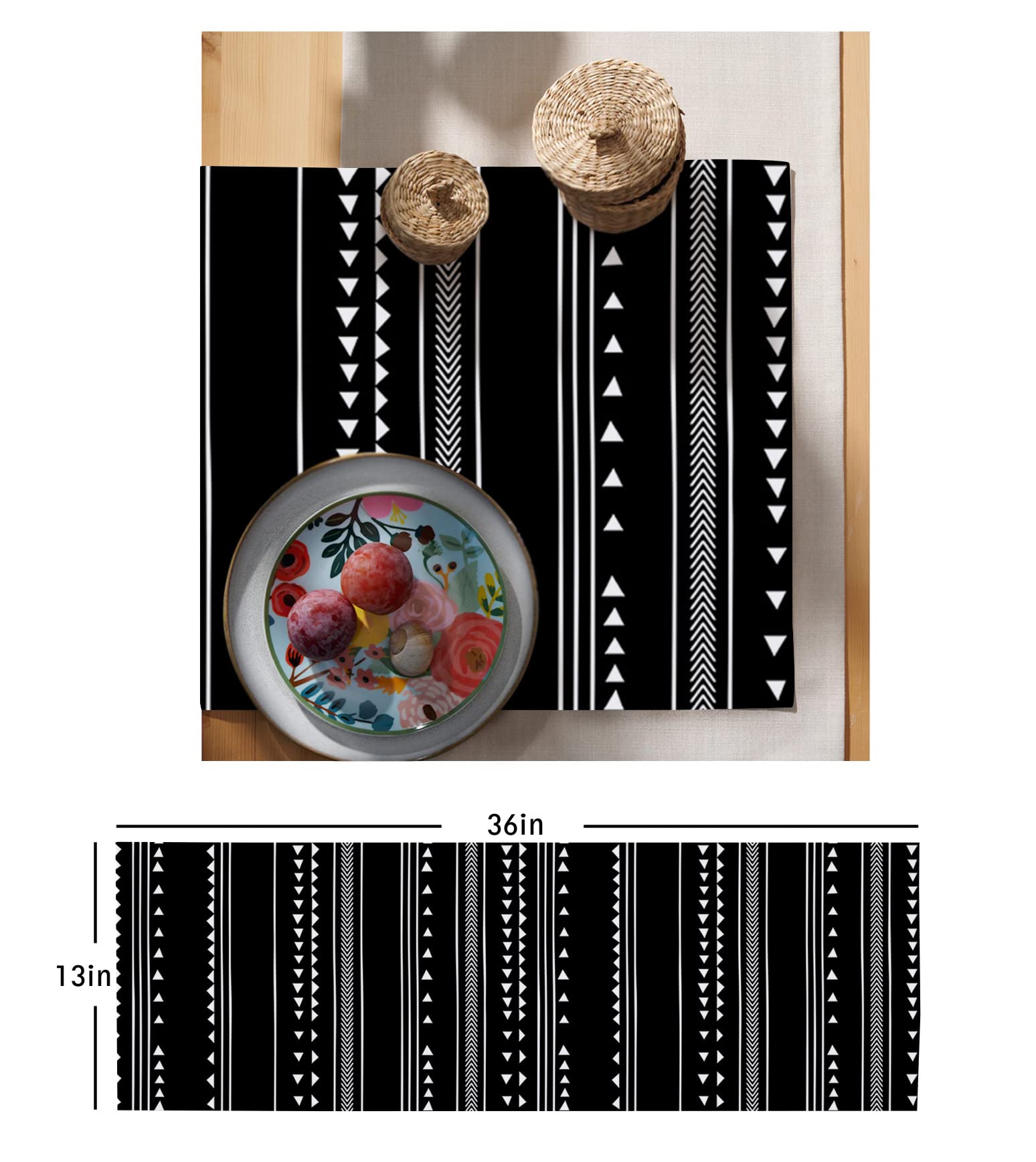 36 Inch Small Table Runner - Boho Black & White Geometric Stripes Dresser Scarf for Coffee Tables, Kitchen, Parties & Dinner Table Decorations | Perfect for Home, Wedding & Holiday Decor