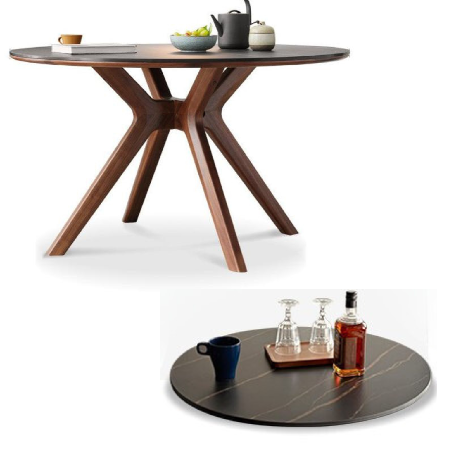 Premium Black Walnut Solid Wood Round Dining Table with Lazy Susan Turntable - Perfect for Family Gatherings & Dinner Parties