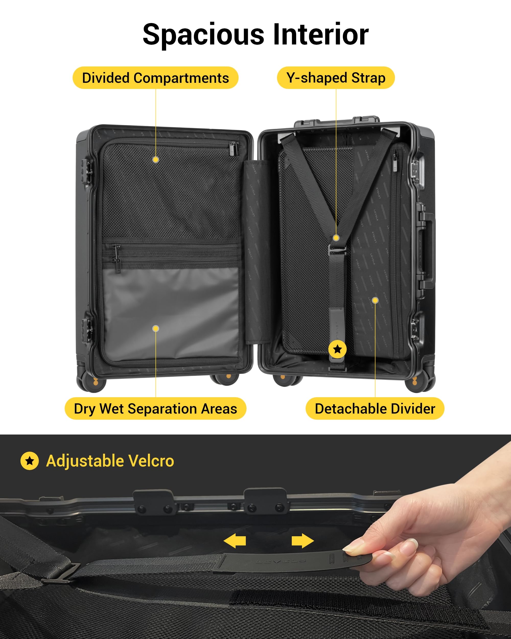 LEVEL8 Zipperless Carry On Suitcase 20 Inch - Airline Approved Lightweight Hard Shell Luggage with Aluminum Frame & Spinner Wheels, TSA Approved Double Locks for Secure Travel - Perfect for Business Trips & Weekend Getaways (Black)