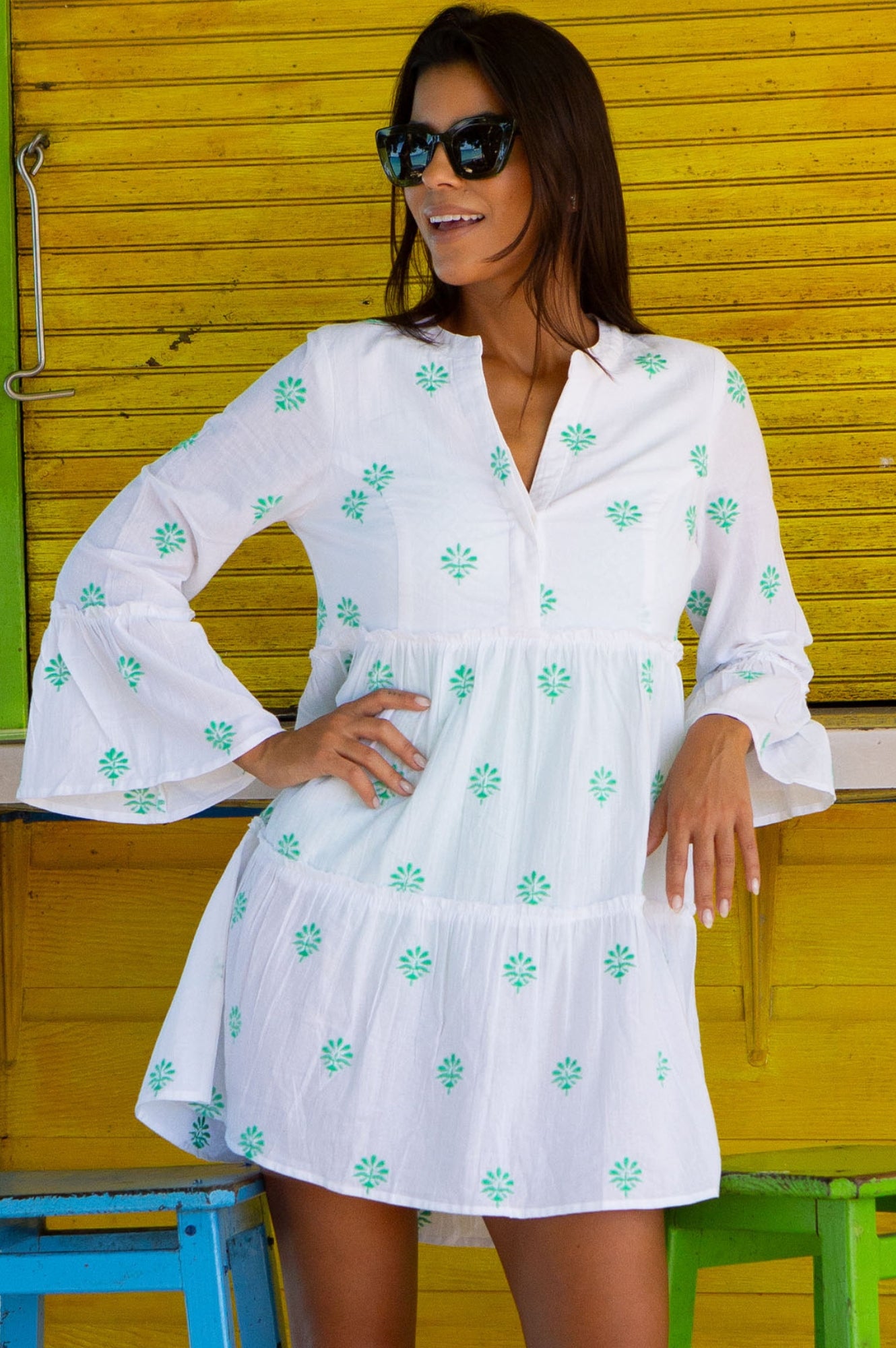 Cristina Embroidered Kaftan Dress - Buta White and Green Floral Design | Boho Chic Beach Cover Up, Resort Wear & Summer Vacation Outfit