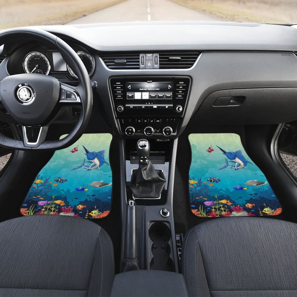 Blue Marlin Under The Sea Cartoon Fishing Car Floor Mats - Non-Slip Waterproof All-Weather Vehicle Accessories for Trucks, SUVs & Sedans - Perfect for Beach Trips, Fishing Adventures & Outdoor Enthusiasts