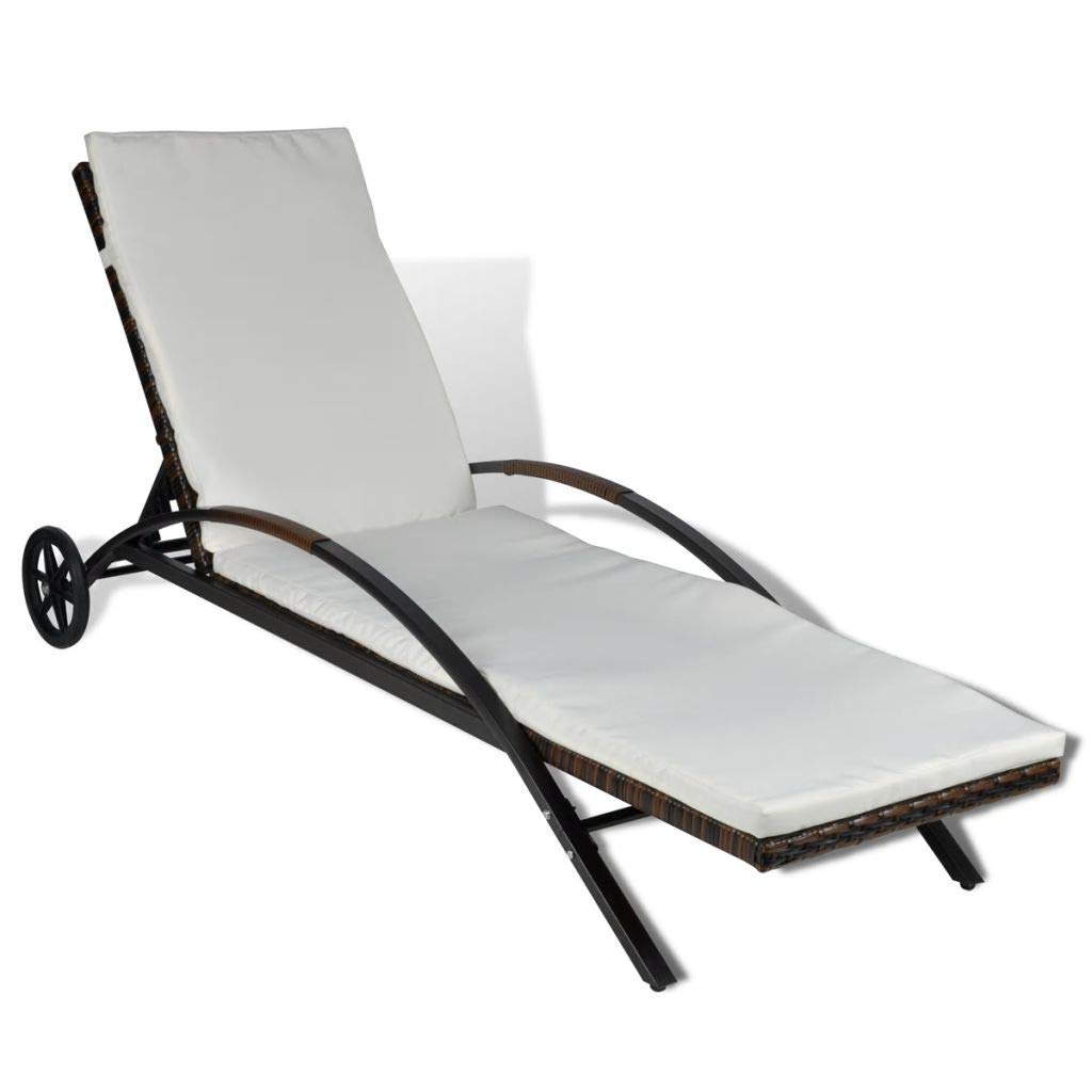FAMIROSA Outdoor Sun Lounger with Cushion & Wheels - Brown Poly Rattan Patio Furniture for Poolside, Beach, Garden Relaxation