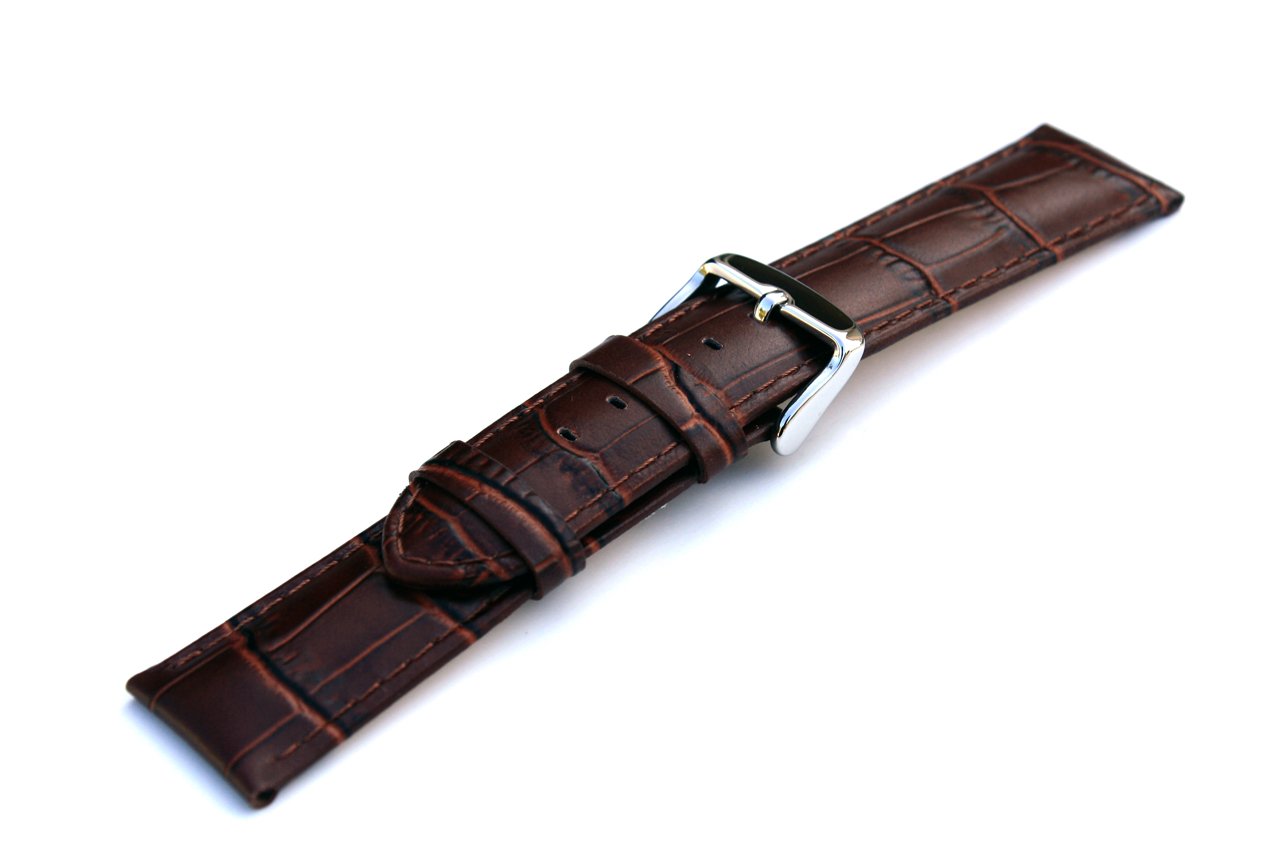 Genuine Brown Leather Crocodile Pattern Watch Band - 22mm Long Cut Stainless Steel Clasp Replacement Strap for Men's & Women's Watches | Perfect for Dress, Business & Casual Wear