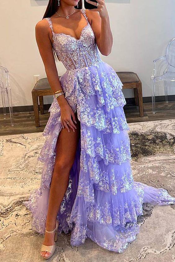 Elegant A-Line Sweetheart Neckline Prom Dress with Layered Purple Lace - Formal Evening Gown for Homecoming, Wedding, and Special Occasions