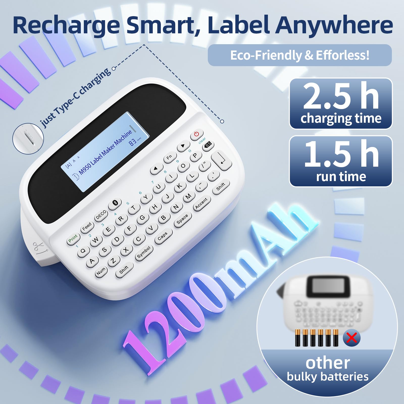 M950 Ptouch Label Maker Machine - Rechargeable Portable Bluetooth Label Printer with 12mm White Tapes | Backlit Inkless Labeling for Office, School, Home & Organization | Perfect for File Folders, Storage Boxes & Cable Management