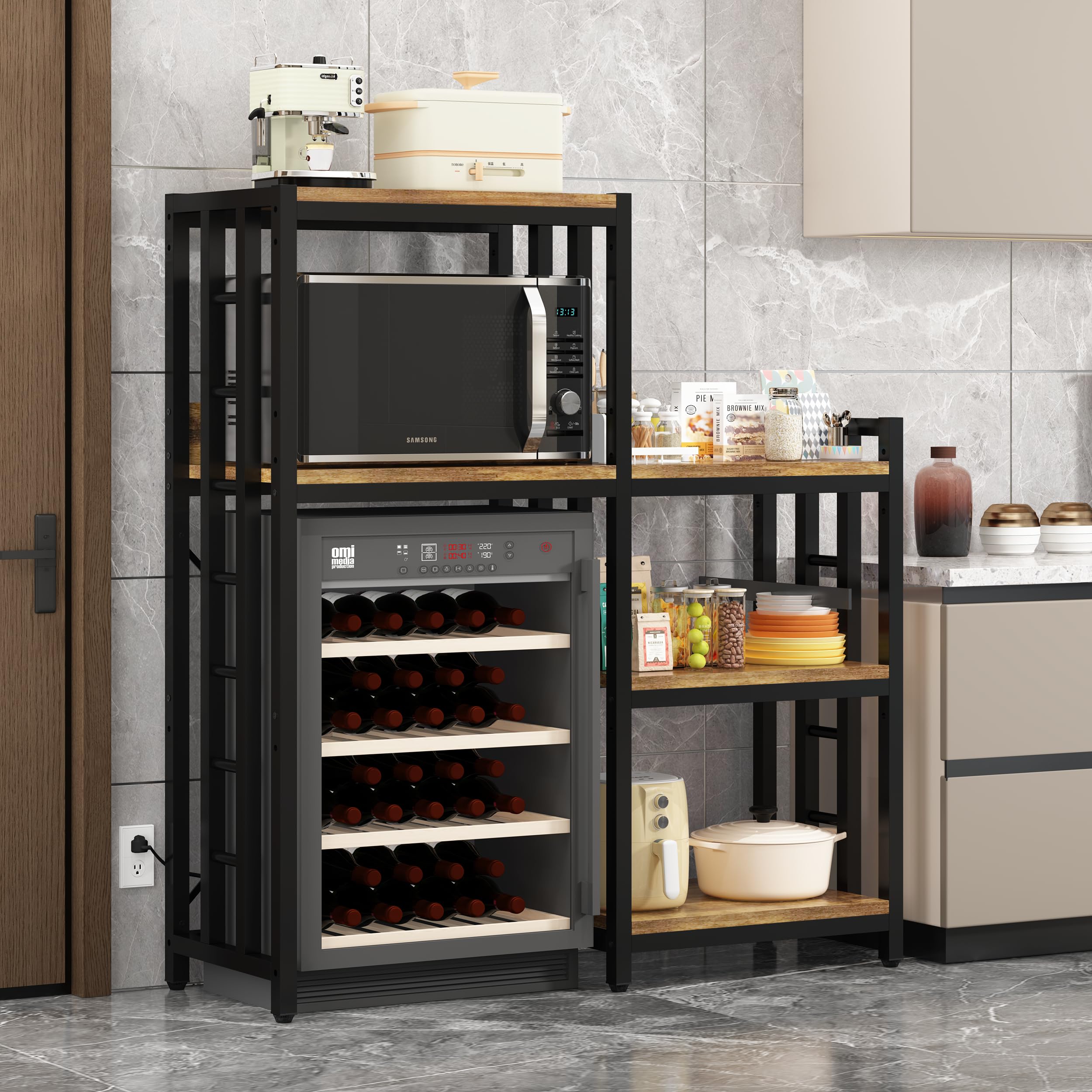 6-Tier Kitchen Baker's Rack with Power Outlet & Storage Shelves - Microwave Stand, Mini Fridge Organizer for Spices, Pots & Pans - Perfect for Kitchen, Living Room & Office (Brown)