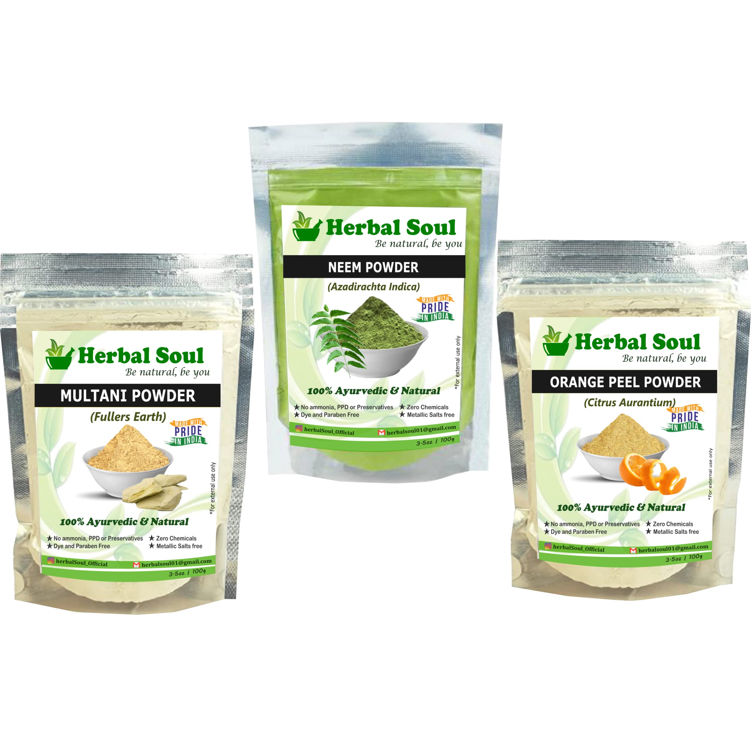 Herbal Soul Combo Pack - Neem Powder, Multani Powder & Orange Peel Powder (300g) | Natural Skin Care, Hair Treatment & Ayurvedic Beauty Solution for Glowing Skin & Healthy Hair