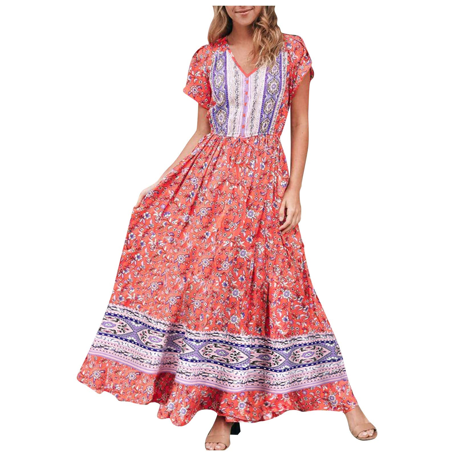 Plus Size Floral V-Neck Loose Comfortable Gradient Dress for Women - Knee Length Summer Dress for Casual Wear, Beach Vacation & Date Night