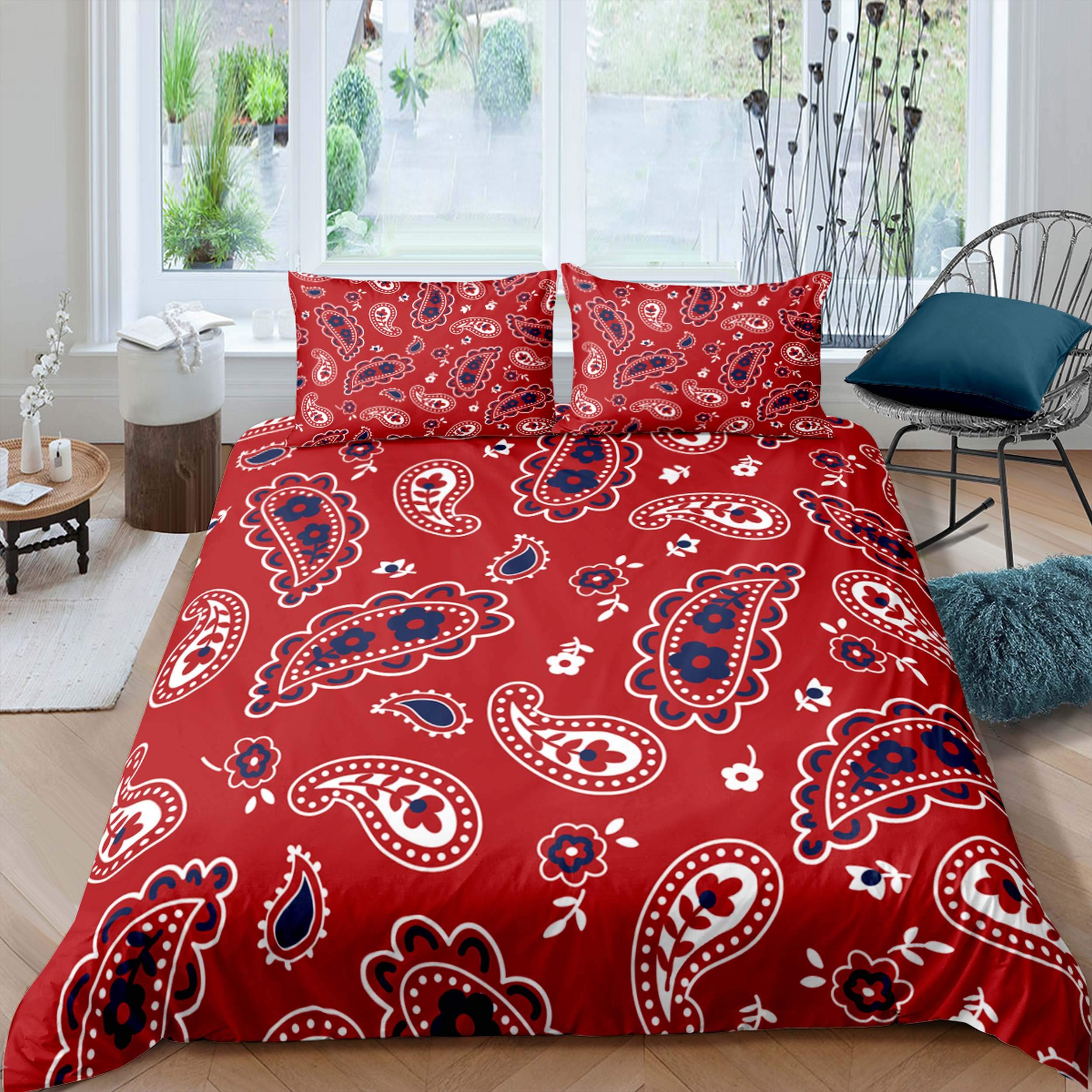 Premium Queen Size Red Floral Duvet Cover Set - Ultra Soft Breathable Bedding with Leaf Pattern (3pc: 1 Duvet Cover + 2 Pillowcases) 90x90 Inches - Perfect for Master Bedroom, Guest Room & Teen Dorm Decor