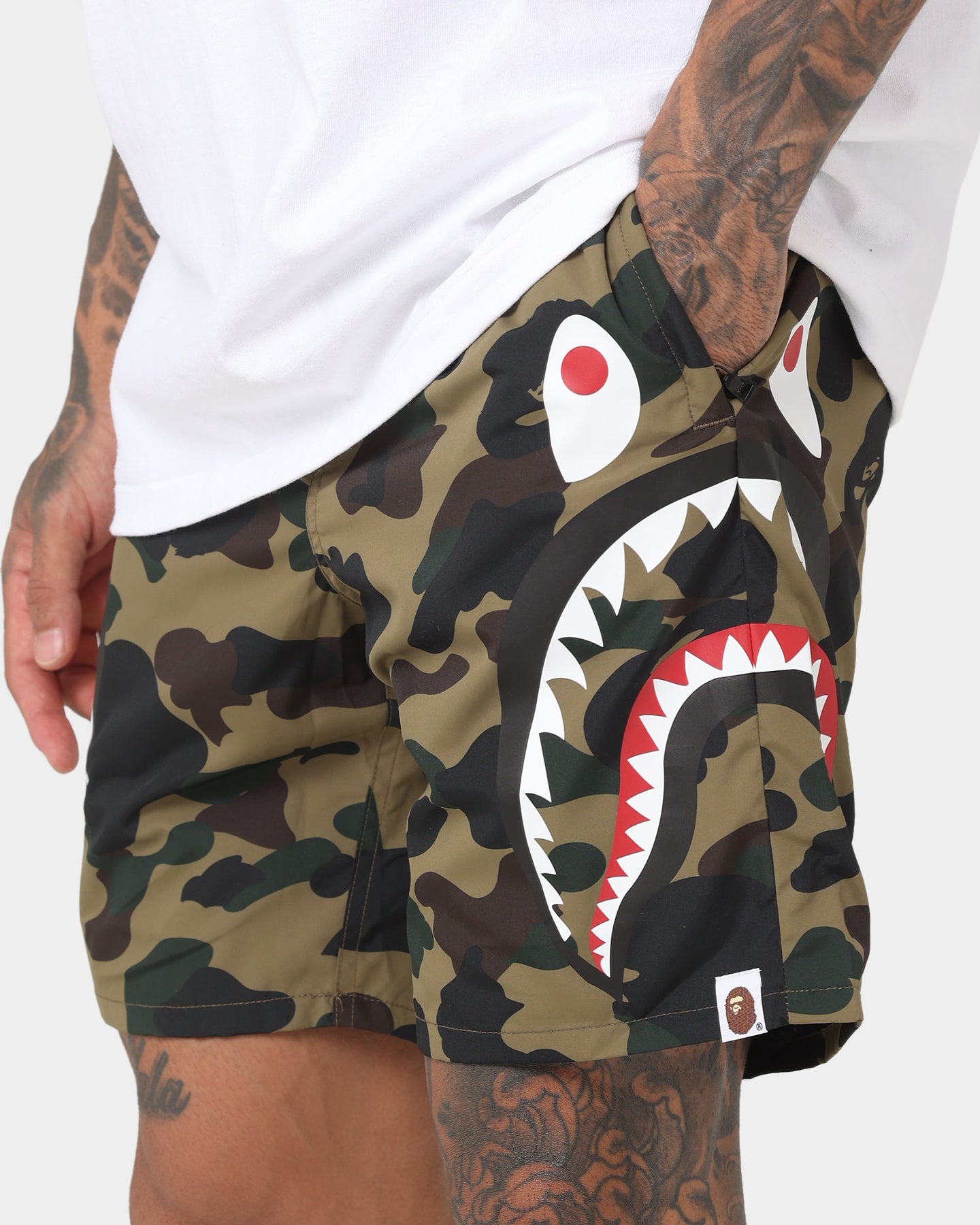 BAPE 1st Camo Side Shark Beach Shorts for Men - Army Green Swim Trunks | Perfect for Summer, Pool Parties & Beach Vacations