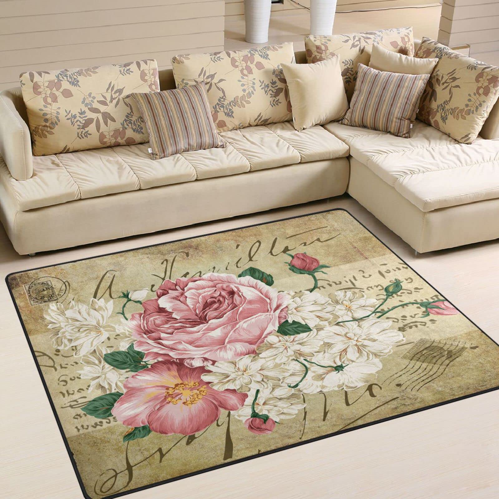 ALAZA Vintage Shabby Rose Floral Area Rug 5'3