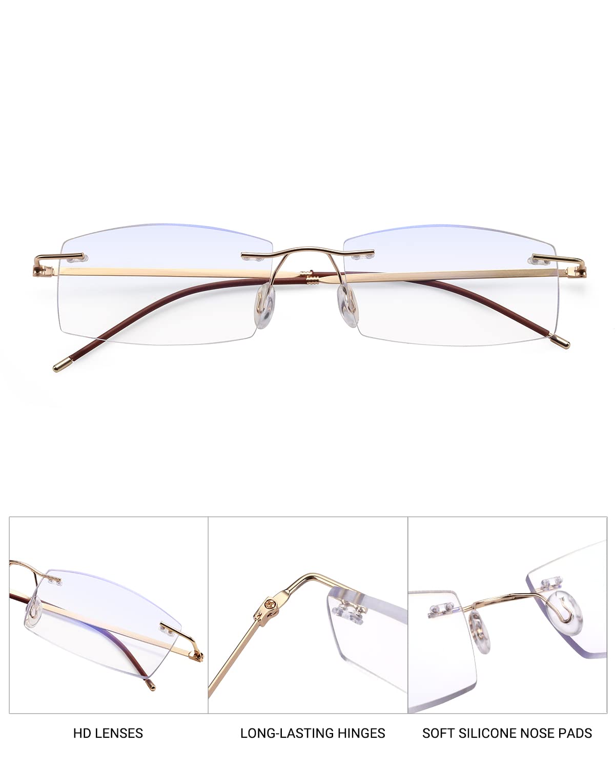 TERAISE Rimless Reading Glasses for Men & Women - Lightweight Metal Frame Clear Lens Readers with Blue Light Blocking - Perfect for Computer Work, Reading & Screen Time