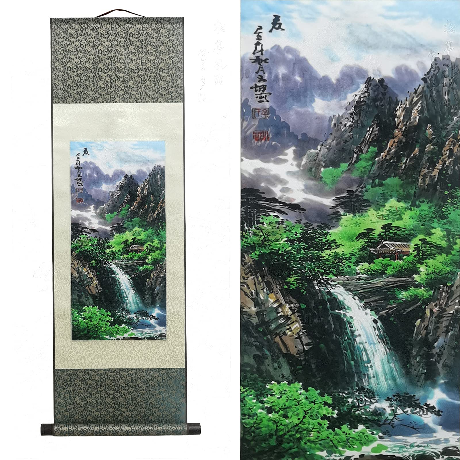 ATFArt Chinese Four Seasons Landscape Silk Scroll Painting - Summer Autumn Winter Spring Wall Hanging Decor (36.2x12 Inch) | Perfect for Living Room, Bedroom & Office Asian Theme Decoration